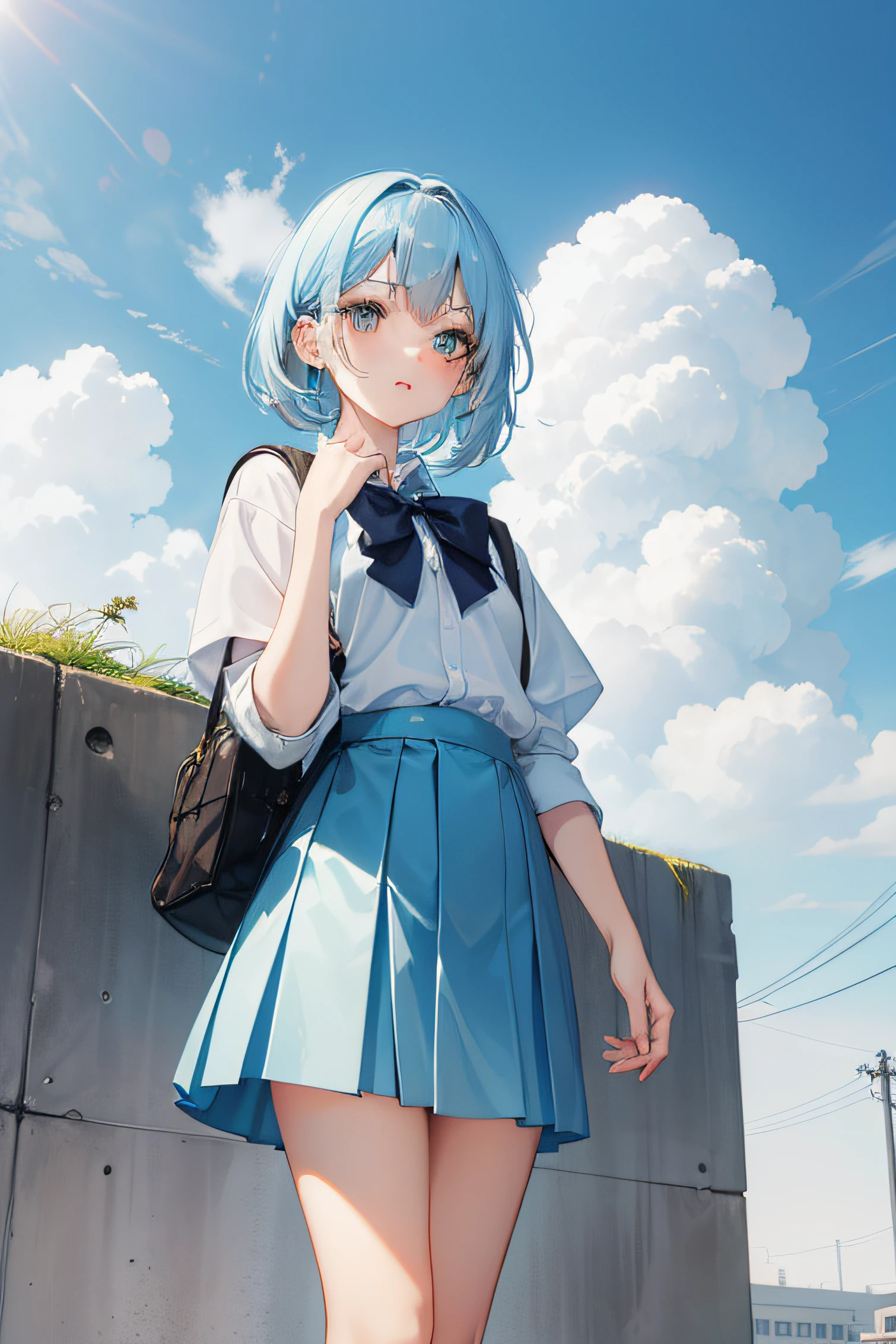 a beauty girl,lightblue hair,bobhair,Manga style,fulcolor,A slender,Infant face,hi-school girl,boyish