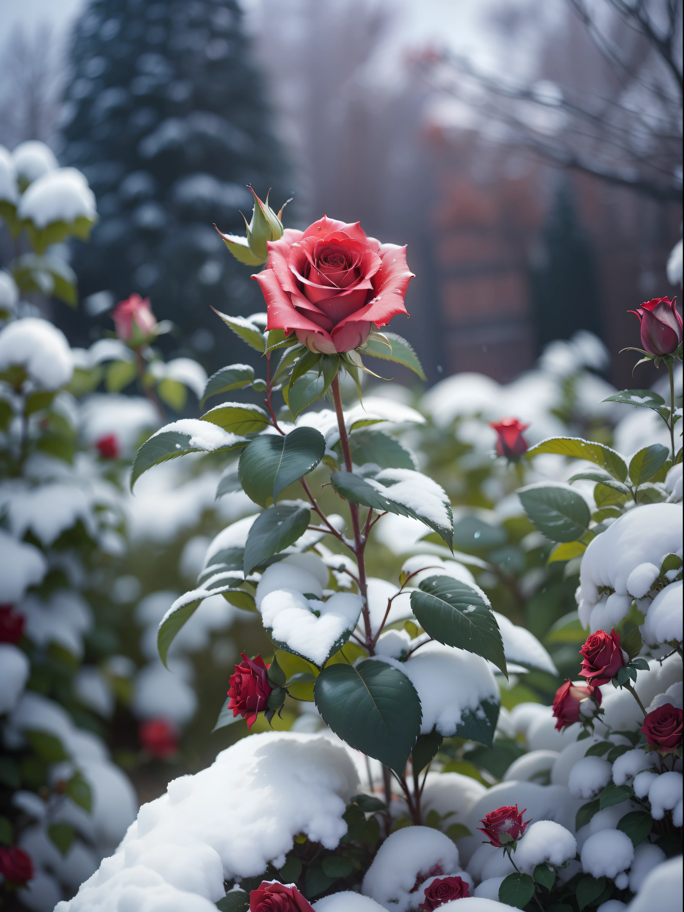 Enlarge a single rose, Red roses grow on the bushes, Leaves and petals are covered with dust and snow,Shot with Canon 35mm lens, photo of a rose, taken with a pentax k1000, Shot with Pentax 1000, Two 5-mm ports, Shot at Kodak Portra, Rose Twinings, Red Rose, 35mm shot