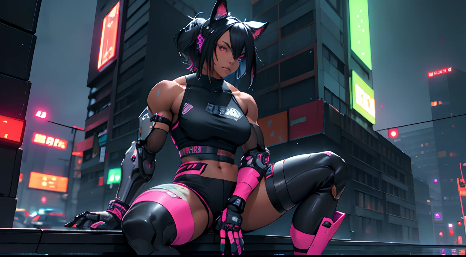 1girl, black hair, gym, athletic, robot, animal ears, large assault rifle, neon colors, colorful, kitana, noir, mystery, thick waist medium breast, muscular, tomboy, cyberpunk, nekomata, warrior, sexy outfit, looking at viewer, anime, realistic, rainy night city, dark skin, sitting on building roof