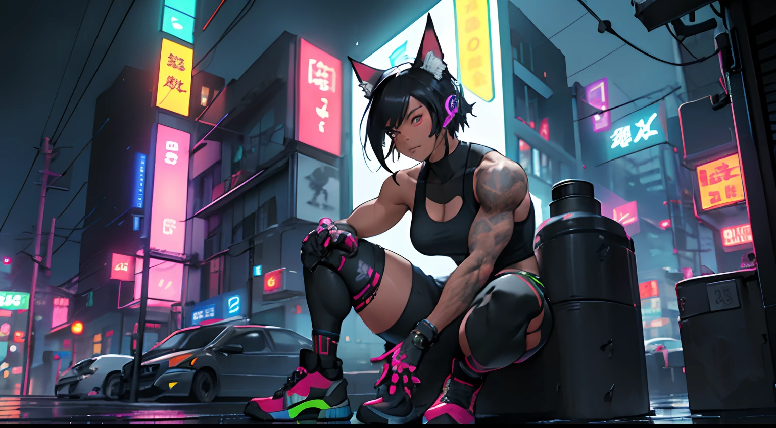 1girl, black hair, gym, athletic, robot, animal ears, large assault rifle, neon colors, colorful, kitana, noir, mystery, thick waist medium breast, muscular, tomboy, cyberpunk, nekomata, warrior, sexy outfit, looking at viewer, anime, realistic, rainy night city, dark skin, sitting on building roof