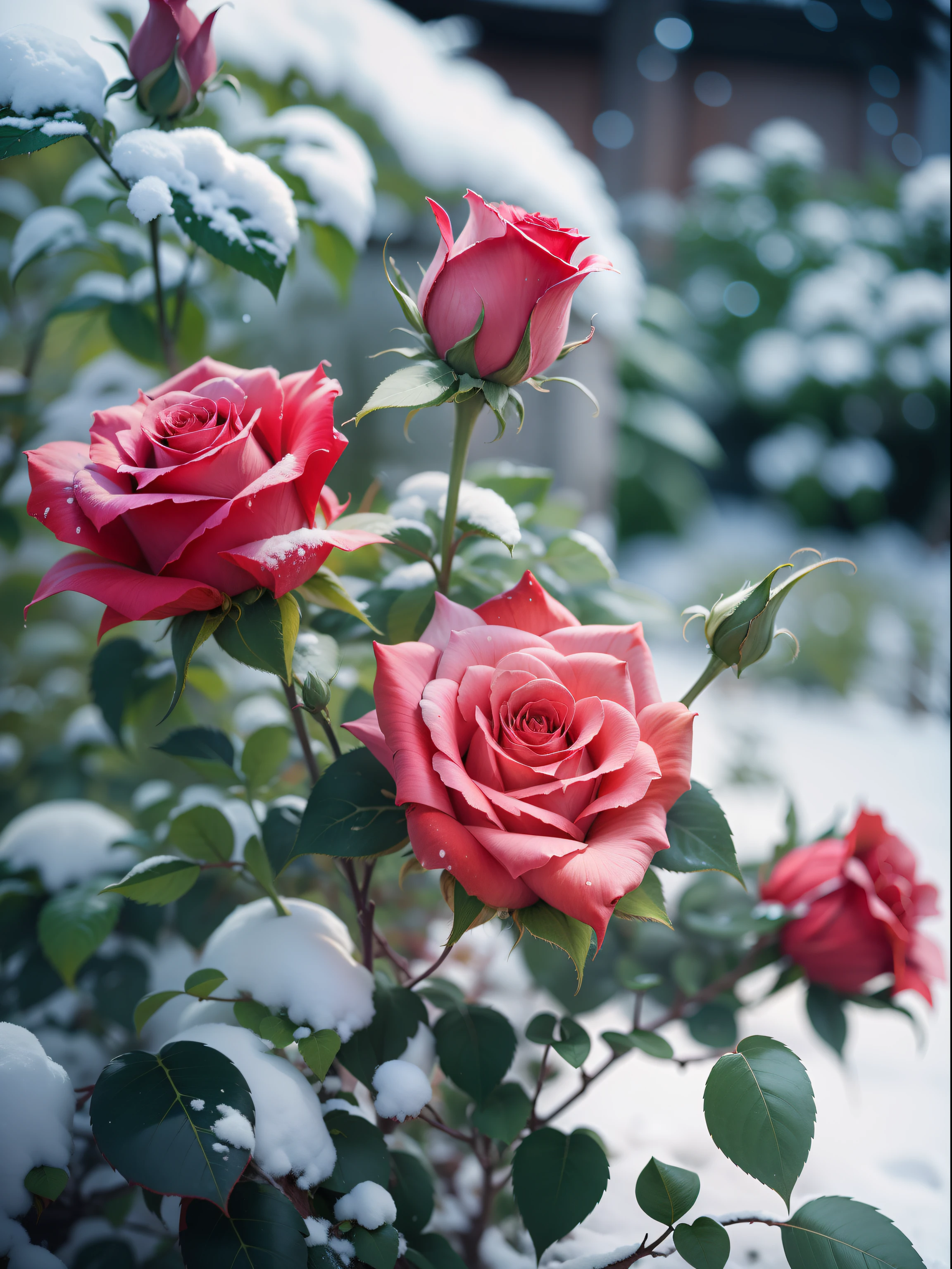 Zoom in on a single rose, Red roses grow on the bushes, Leaves and petals are covered with dust and snow,Shot with Canon 35mm lens, photo of a rose, taken with a pentax k1000, Shot with Pentax 1000, Two 5-mm ports, Shot at Kodak Portra, Rose Twinings, Red Rose, 35mm shot