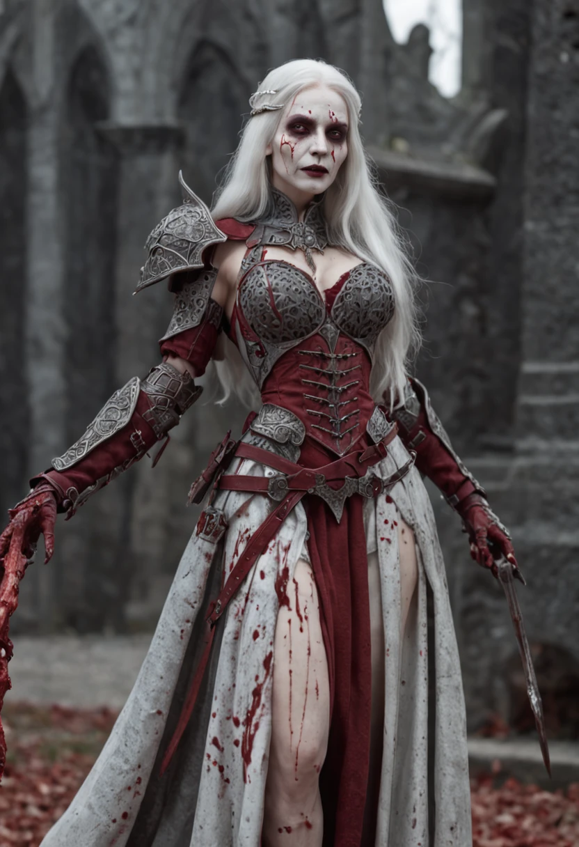 (tmasterpiece, high high quality, absurderes), full body female, (Reine des morts:1.1), pale-skinned, spears, (Blood on weapons:1.2), (Intricate skeleton armor in crimson and gray:1.3), Exposed ribs , long white hair, (Fantasy Background:1.3), Epic atmosphere, astonishing detail, fanciful, 8K, graveyard background, onimous, O spirit