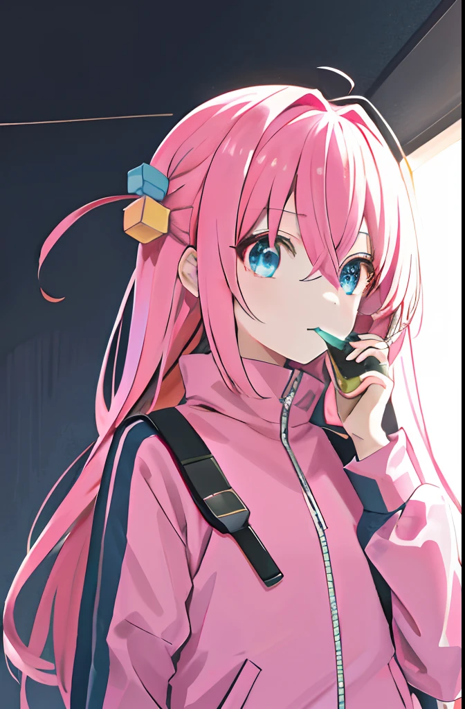 gotou hitori,hight contrast, (Best illumination, Extremely Delicately Beautiful), ((Cinematic light )), Colorful, Hyper-detailing, Pink jacket, tracktop jacket,Dramaticlight, Complicated details, (1 rapariga, 独奏, Pink hair, Hair between both eyes, dynamic angle), white backgrounid,full bodyesbian,Close-up of face,((talking on phone)),
