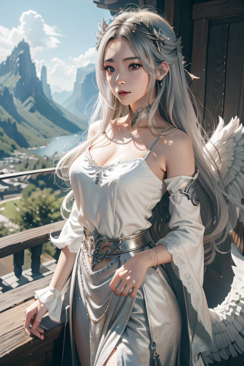 1girl in, 独奏, offcial art, unity 8k wall paper, ultra - detailed, prettify、Aesthetic, tmasterpiece, top-quality, Photorealsitic, A female angel、It has 6 large white wings on its back:2.0、Wings of a bird of prey、Blazing Angel、Silver armor:2.0、Silver gauntlet、Silver Solette、White fabric、Hair ornaments with small wings、Valkyrie、Very large wide sword、Glowing angel circle、angelic halo:2.0、Light magic、depth of fields, Fantastic atmosphere, calm color palette, Soft Shading、You can see the forest in the distance、See remote mountain castles、ellegance、Full body like、busty figure、Large full breasts、wide waist、Floating in the air:2.0、Flying in the sky:2.0、Fry high in the air、Sky on the steppe、You can see the castle on the hill in the distance