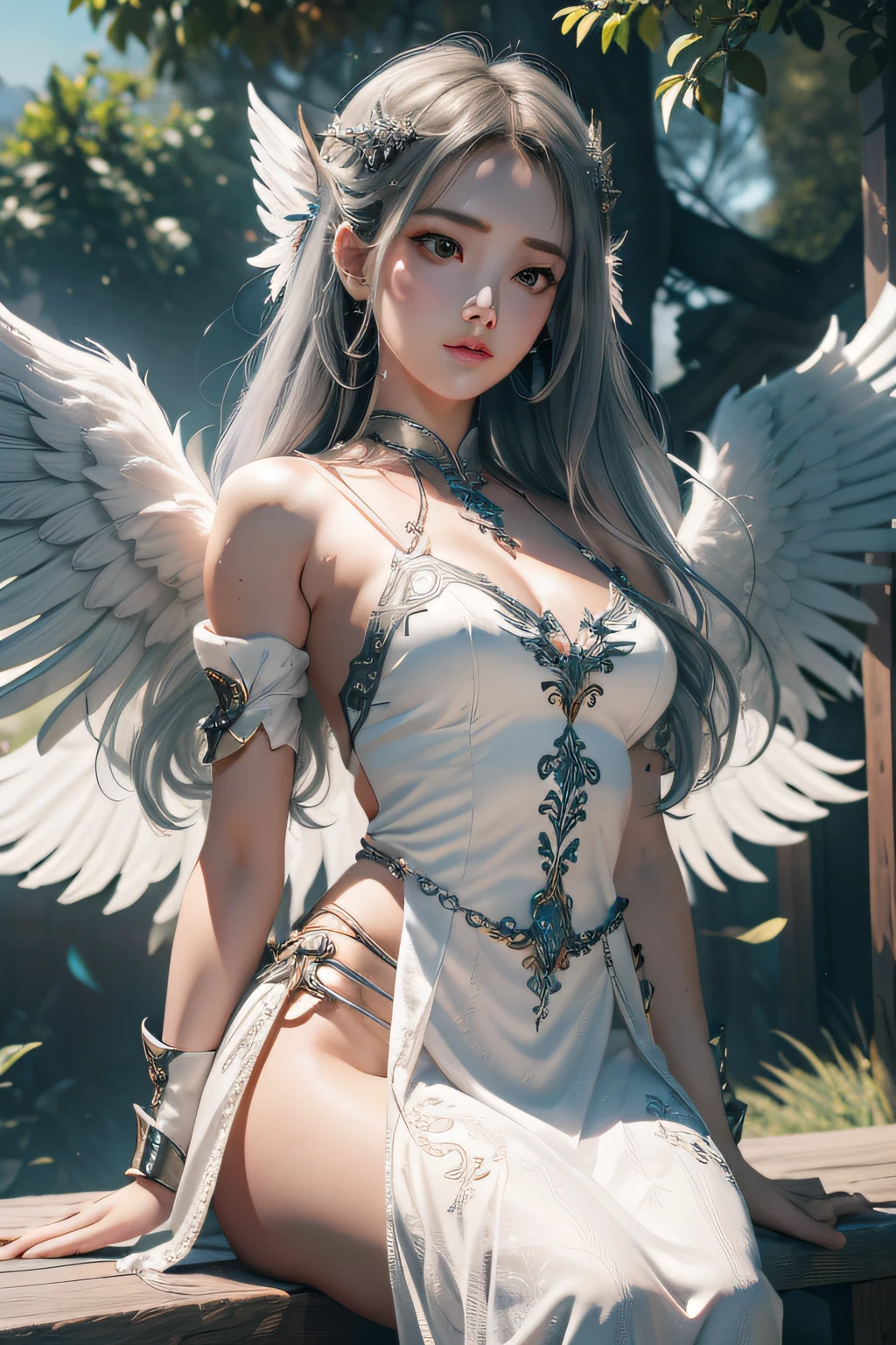 1girl in, 独奏, offcial art, unity 8k wall paper, ultra - detailed, prettify、Aesthetic, tmasterpiece, top-quality, Photorealsitic, A female angel、It has 6 large white wings on its back:2.0、Wings of a bird of prey、Blazing Angel、Silver armor:2.0、Silver gauntlet、Silver Solette、White fabric、Hair ornaments with small wings、Valkyrie、Very large wide sword、Glowing angel circle、angelic halo:2.0、Light magic、depth of fields, Fantastic atmosphere, calm color palette, Soft Shading、You can see the forest in the distance、See remote mountain castles、ellegance、Full body like、busty figure、Large full breasts、wide waist、Floating in the air:2.0、Flying in the sky:2.0、Fry high in the air、Sky on the steppe、You can see the castle on the hill in the distance