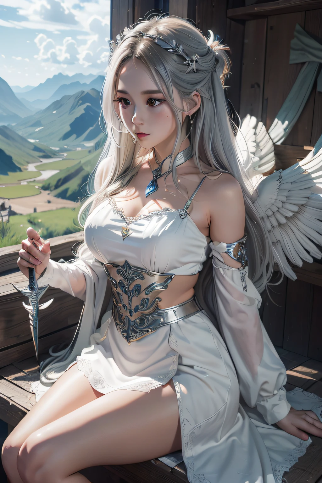 1girl in, 独奏, offcial art, unity 8k wall paper, ultra - detailed, prettify、Aesthetic, tmasterpiece, top-quality, Photorealsitic, A female angel、It has 6 large white wings on its back:2.0、Wings of a bird of prey、Blazing Angel、Silver armor:2.0、Silver gauntlet、Silver Solette、White fabric、Hair ornaments with small wings、Valkyrie、Very large wide sword、Glowing angel circle、angelic halo:2.0、Light magic、depth of fields, Fantastic atmosphere, calm color palette, Soft Shading、You can see the forest in the distance、See remote mountain castles、ellegance、Full body like、busty figure、Large full breasts、wide waist、Floating in the air:2.0、Flying in the sky:2.0、Fry high in the air、Sky on the steppe、You can see the castle on the hill in the distance