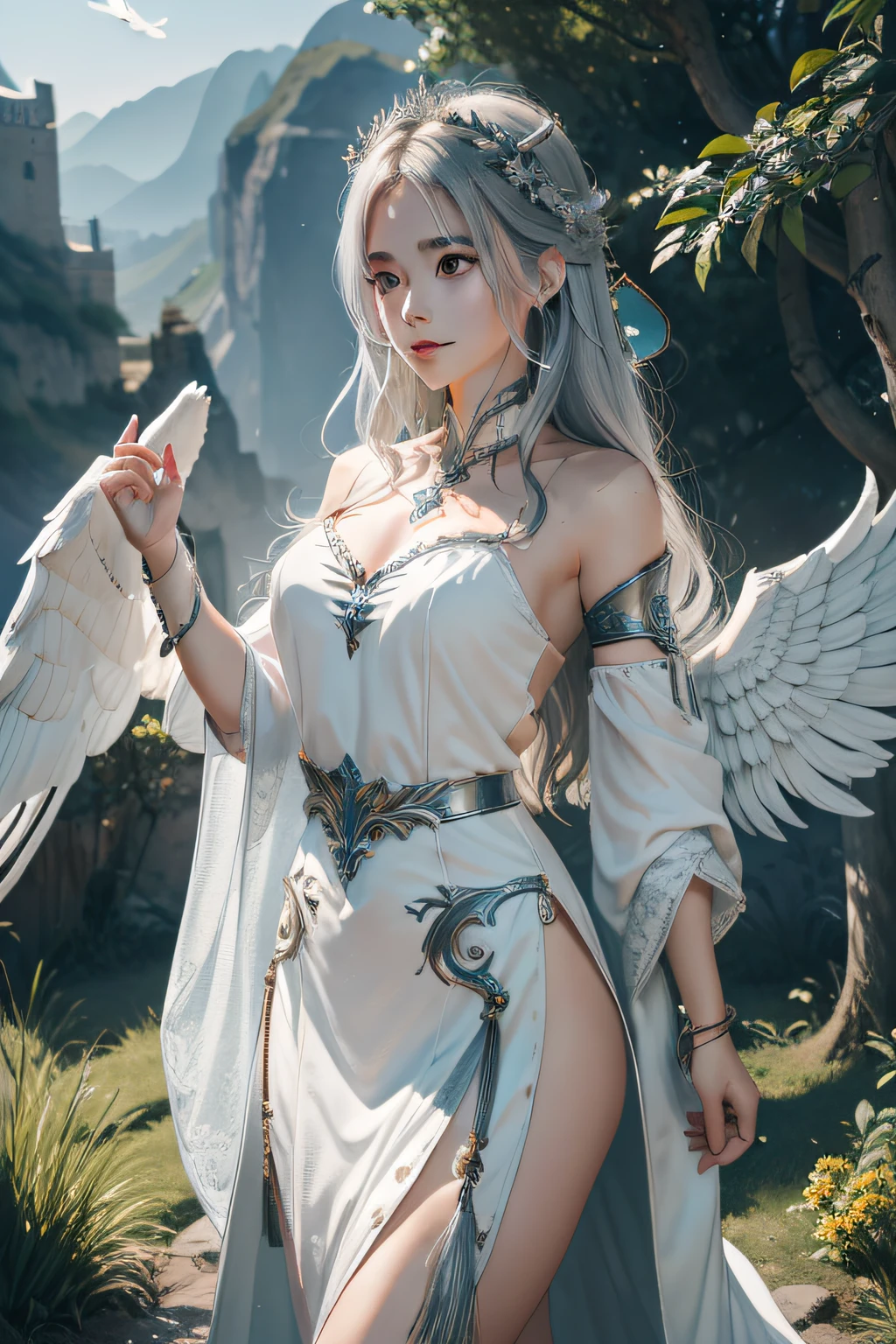 1girl in, 独奏, offcial art, unity 8k wall paper, ultra - detailed, prettify、Aesthetic, tmasterpiece, top-quality, Photorealsitic, A female angel、It has 6 large white wings on its back:2.0、Wings of a bird of prey、Blazing Angel、Silver armor:2.0、Silver gauntlet、Silver Solette、White fabric、Hair ornaments with small wings、Valkyrie、Very large wide sword、Glowing angel circle、angelic halo:2.0、Light magic、depth of fields, Fantastic atmosphere, calm color palette, Soft Shading、You can see the forest in the distance、See remote mountain castles、ellegance、Full body like、busty figure、Large full breasts、wide waist、Floating in the air:2.0、Flying in the sky:2.0、Fry high in the air、Sky on the steppe、You can see the castle on the hill in the distance