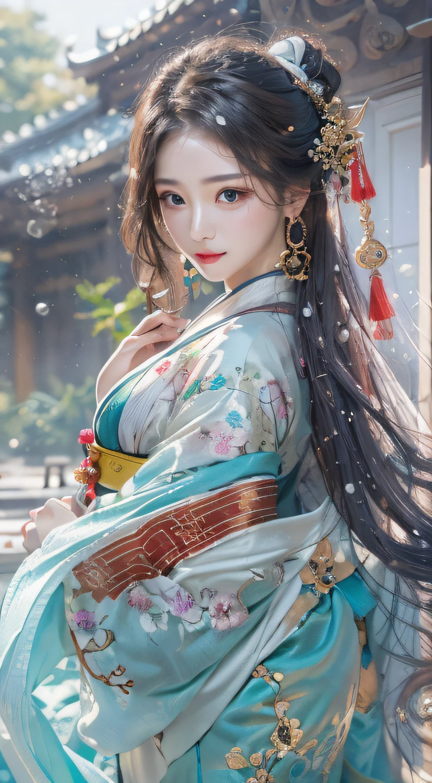 Photorealistic, high resolution, Colorful, colored splashing, Splash, 1 girl, Solo, Hips up, Beautiful eyes, Long hair, Medium breast, Intricate damask Hanfu, Gorgeous accessories, Wearing pearl earrings