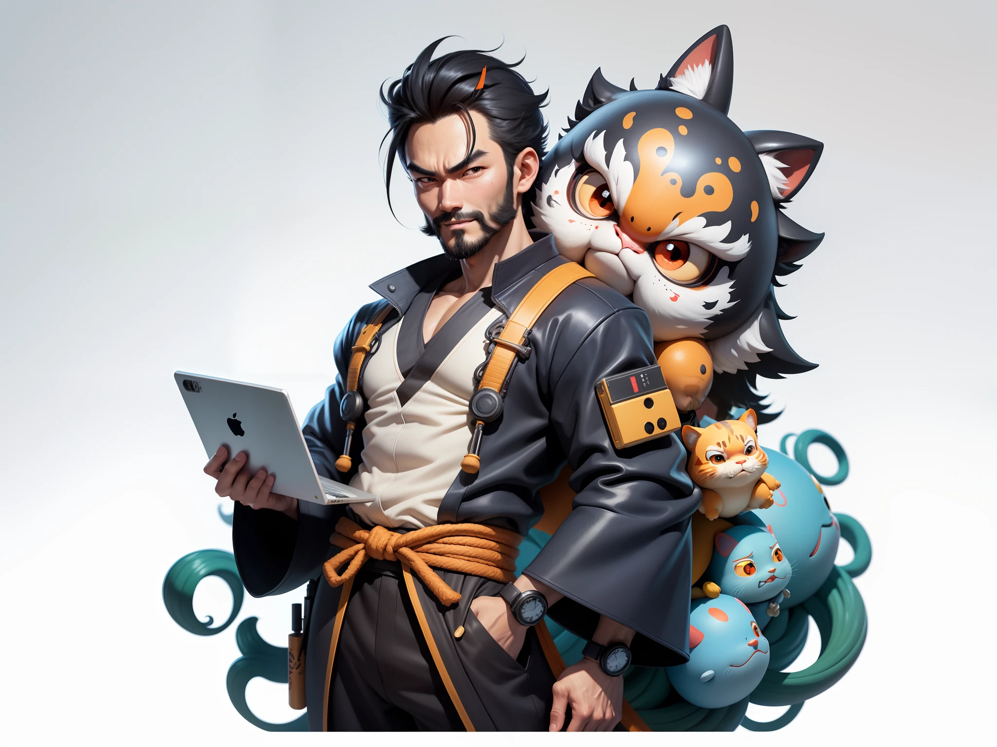 (Daisaku),(Need),(Super meticulous),(full bodyesbian:1.2),Super young man with Japanese geisha,Beautiful,orient,one tiger,Aeolian Thor,Raised sexy,爆乳,Oriental face,TV Anchor,Bust portrait illustration,In black suit,a blue tie,The face is slightly chubby,The face was clean,without a beard,Black super short hair,Black eyes,Smile confidently,3C computer sub-products,iPad, iphone,Digital painting,3D character design by Mark Clairen and Pixar and Hayao Miyazaki and Akira Toriyama,The illustration is a high-definition illustration in 4K resolution,With very detailed facial features and cartoon-style visuals。