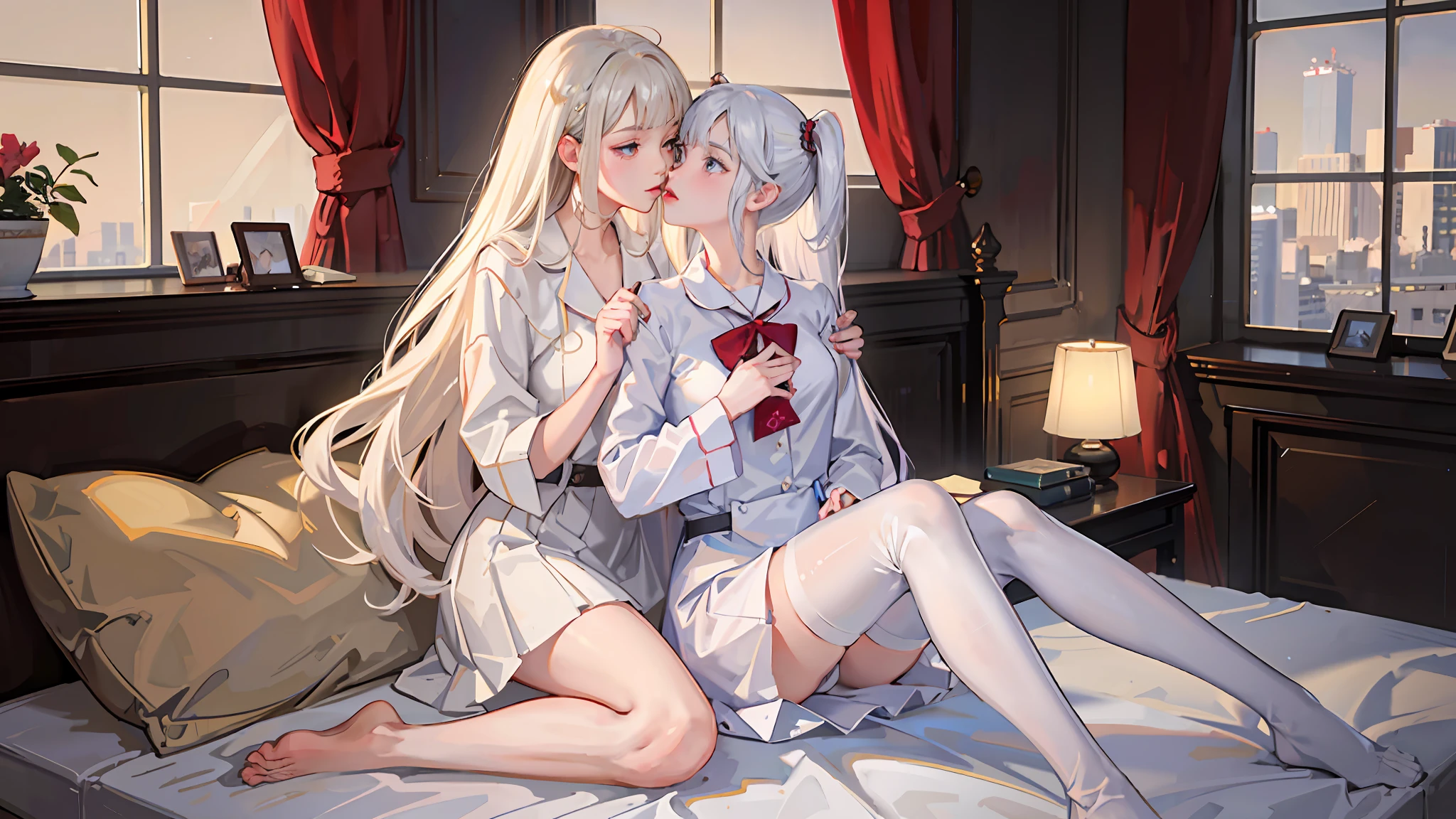《Masterpiece，full bodyesbian，girls，underdressing，being thin》，High details，Best quality.
（Soft light），Cinematic light，Beautiful eyes，Enjoy the look，is shy，Be red in the face，The mouth is slightly open，[Two white haired naked young girls in white stockings hugging each other  on bed]，，masturbation，kiss，Pajamas with half-open lips reveal the chest，pyjamas，White hair，white stockings，cozily，clean and meticulous anime art，art trend，gentlesoftlighting，Ambient lighting，16k