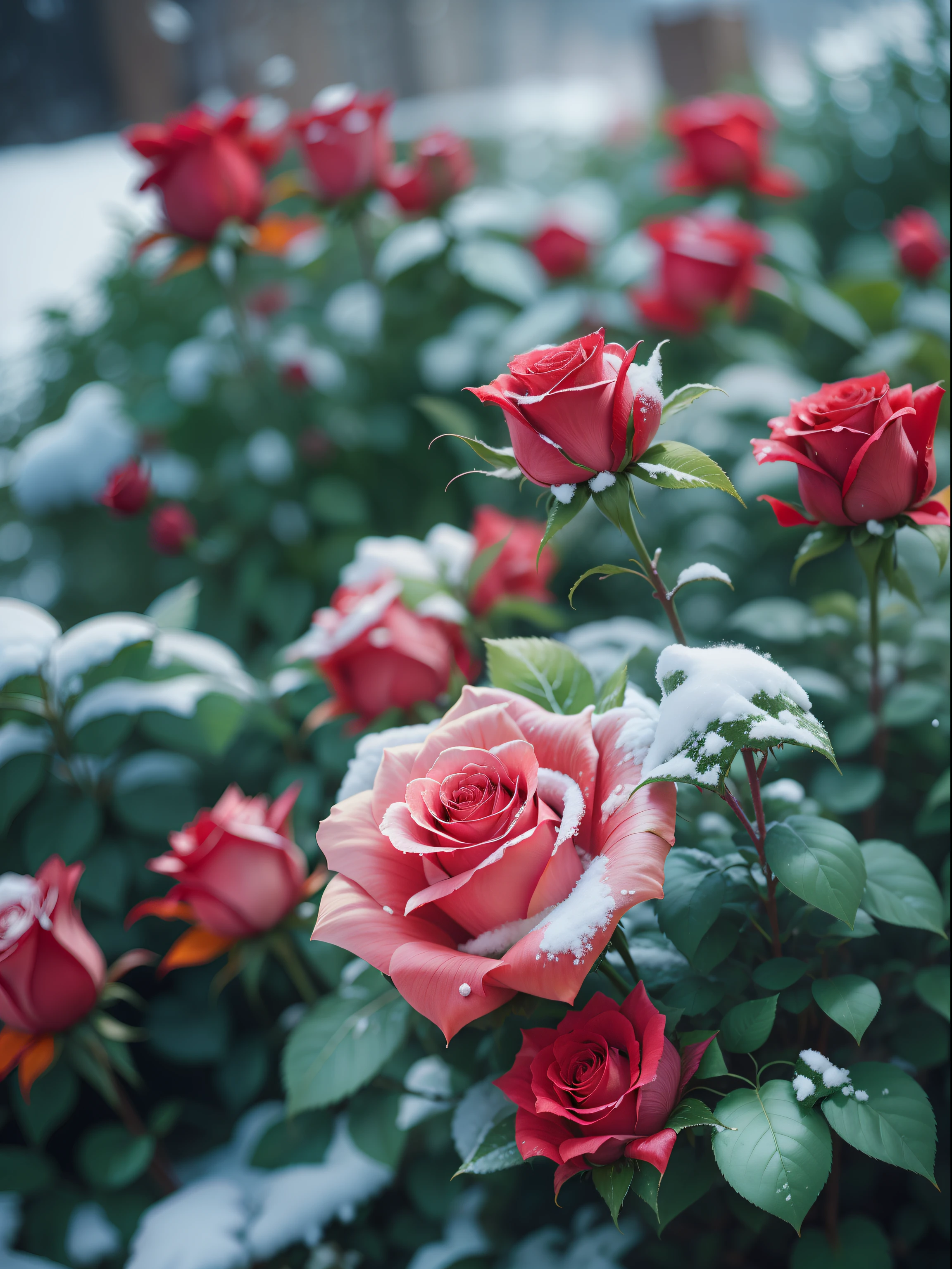 Speciality, Red roses grow on the bushes, Leaves and petals are covered with dust and snow,Shot with Canon 35mm lens, photo of a rose, taken with a pentax k1000, Shot with Pentax 1000, Two 5-mm ports, Shot at Kodak Portra, Rose Twinings, Red Rose, 35mm shot