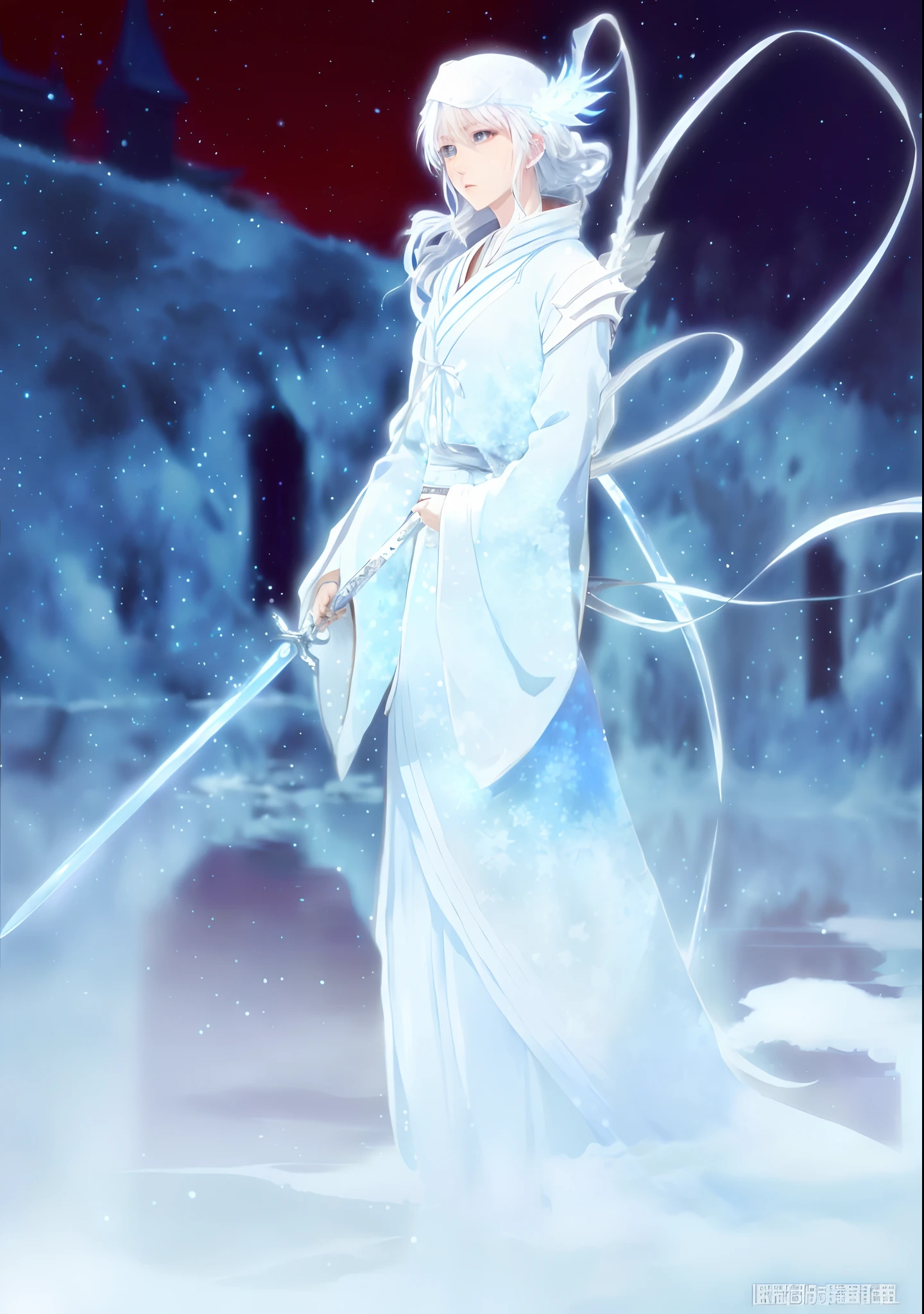 Anime Girl in blue dress holding a sword in the snow, flowing white robe, the piercing stare of yuki onna, white-haired god, very long white cloak, god of winter, White cloak, ethereal anime, long white cape, flowing magical robe, hijikata toushirou of gintama, beautiful male god of death, sword and wand – water