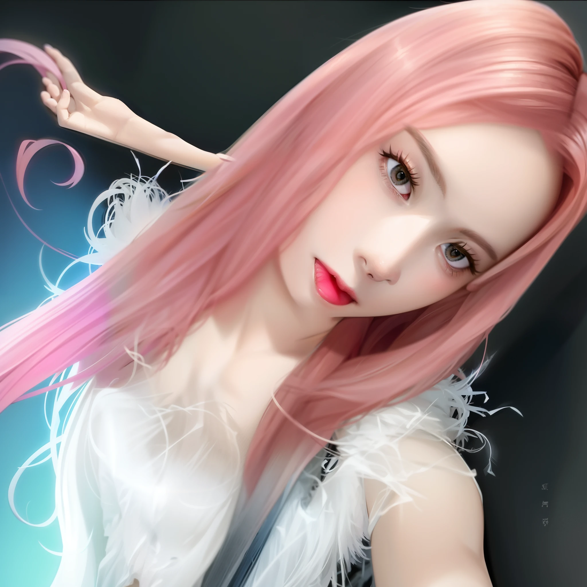 Close up of a woman with pink hair and white dress, pink straight hair, with pink hair, Long pink hair, Flowing pink hair, Long flowing pink hair, jossi of blackpink, Light pink hair, Pink hair, roseanne park of blackpink, pink wispy hair, belle delphine, light pink colored hair,Pink flame, ava max, Pink girl