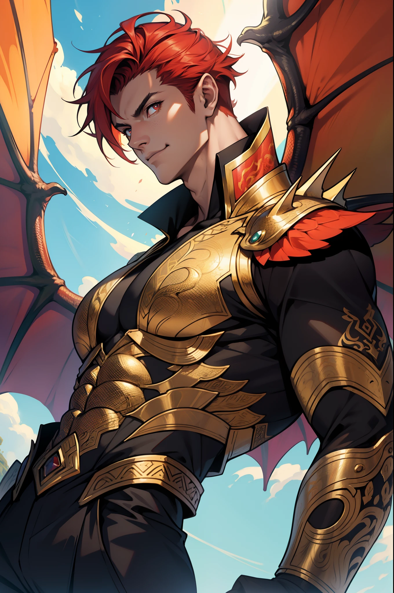 1 Handsome dragon man with bronzed skin,red tinted hair,short detailed hair,Golden pupils,ultra - detailed,(s fractal art:1.4), rich colourful, detailed back ground,There are dragon wings on the back(Fractals in the background:1.2), hight contrast, Ray traching, cinmatic lighting, (Start from the front:0.6)full bodyesbian