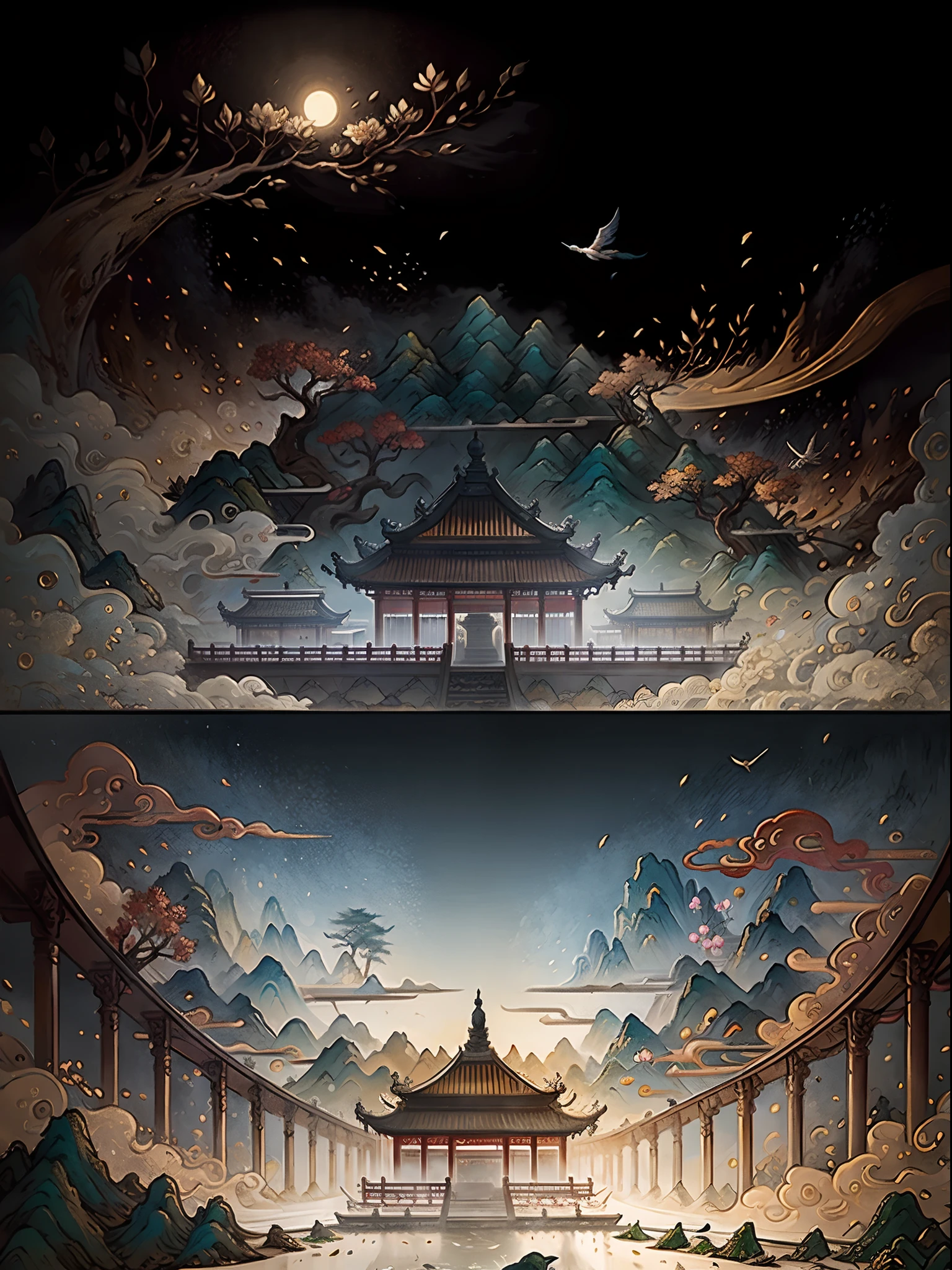ancient chinese painting, ancient chinese background, mountains, river, auspicious clouds, pavilions, sunlight, masterpiece, super detail, epic composition, ultra hd, high quality, extremely detailed, official art, unified 8k wallpaper, super detail