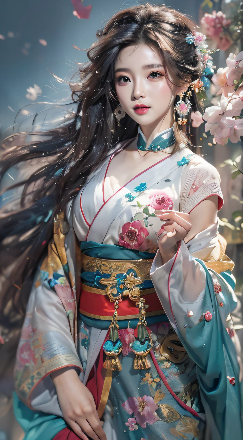 Photorealistic, high resolution, Colorful, colored splashing, Splash, 1 girl, Solo, Hips up, Beautiful eyes, Long hair, Medium breast, Intricate damask Hanfu, Gorgeous accessories, Wearing pearl earrings