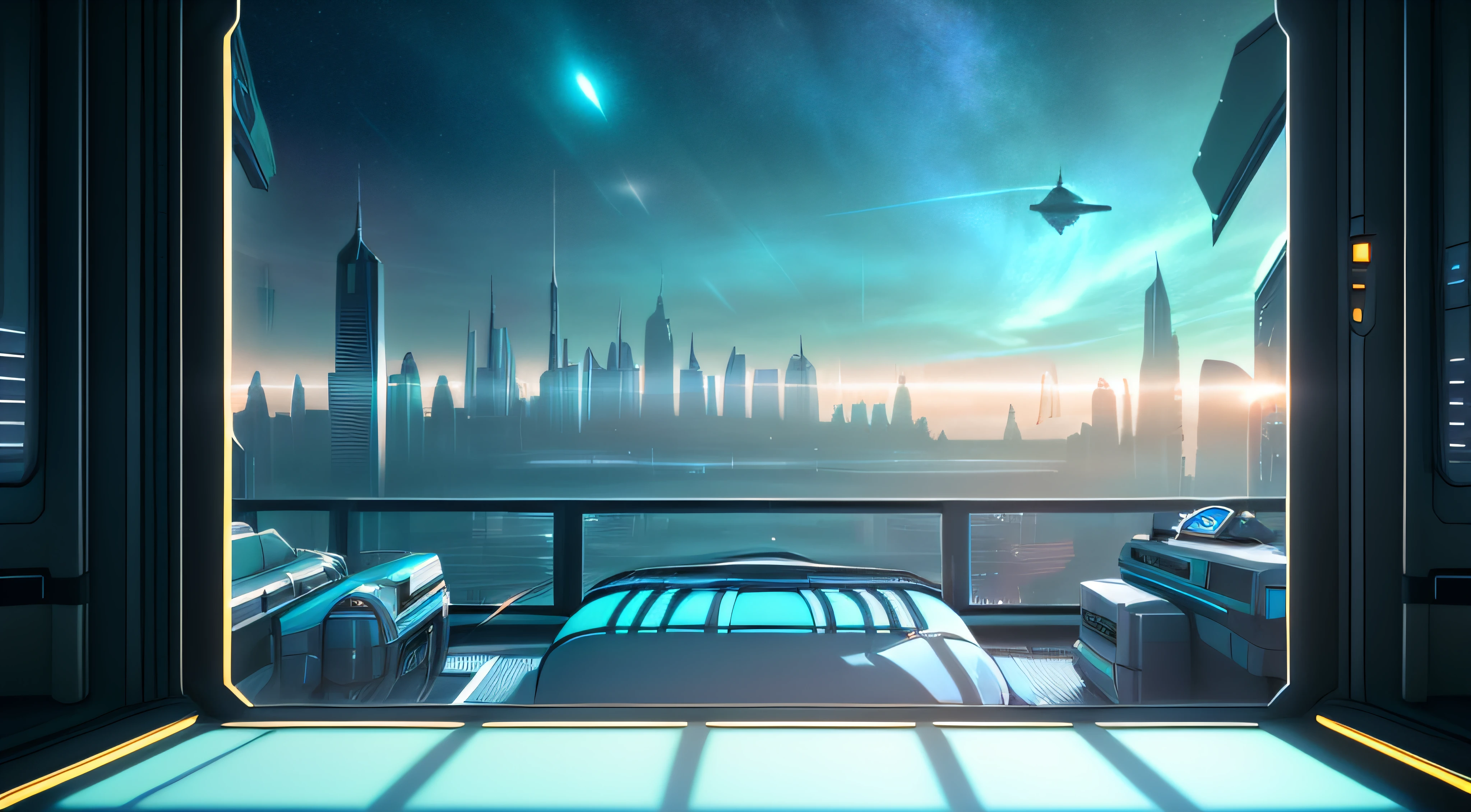 Gorgeous sci-fi bedroom matte painting by John Harris, Spass and Greg Rutkowski. Sharp edges, Tiffany Blue, grey orange, White and gold. Sci-fi bedroom at the space base, Outside the window is the city skyline of the future, Light effect. ultra clear details, 3 d, rendering by octane. 8 k''