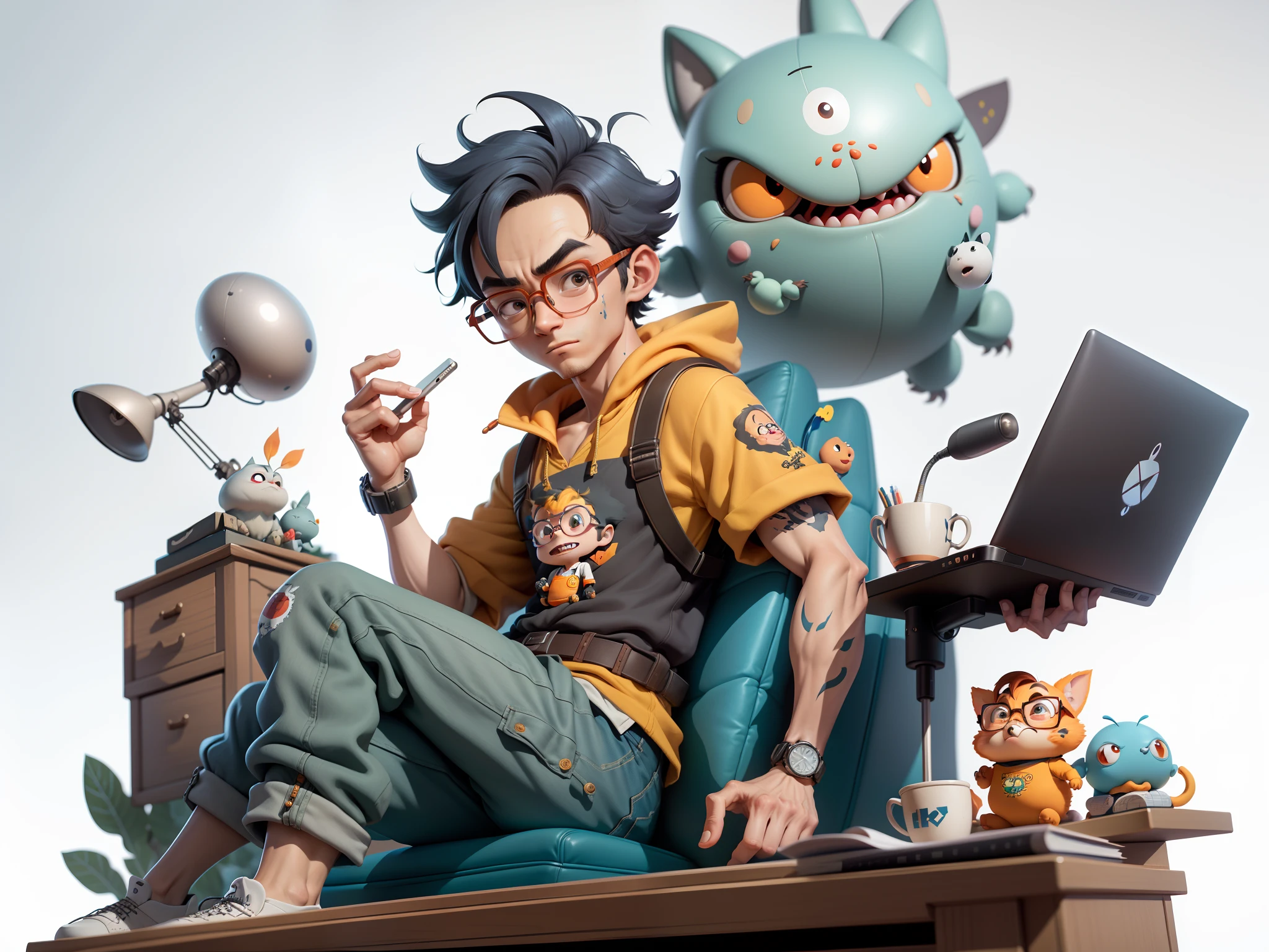 A young man with glasses sits at his desk，holding laptop，digitial painting，3D character design by Mark Clairen and Pixar and Hayao Miyazaki and Akira Toriyama，4K HD illustration，Very detailed facial features and cartoon-style visuals。