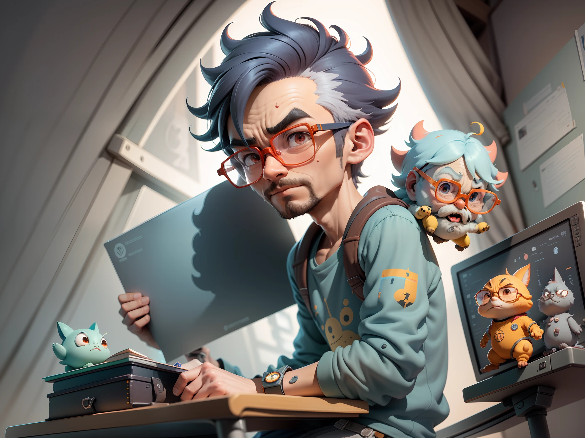 A young man with glasses sits at his desk,holding laptop,digitial painting,3D character design by Mark Clairen and Pixar and Hayao Miyazaki and Akira Toriyama,4K HD illustration,Very detailed facial features and cartoon-style visuals。