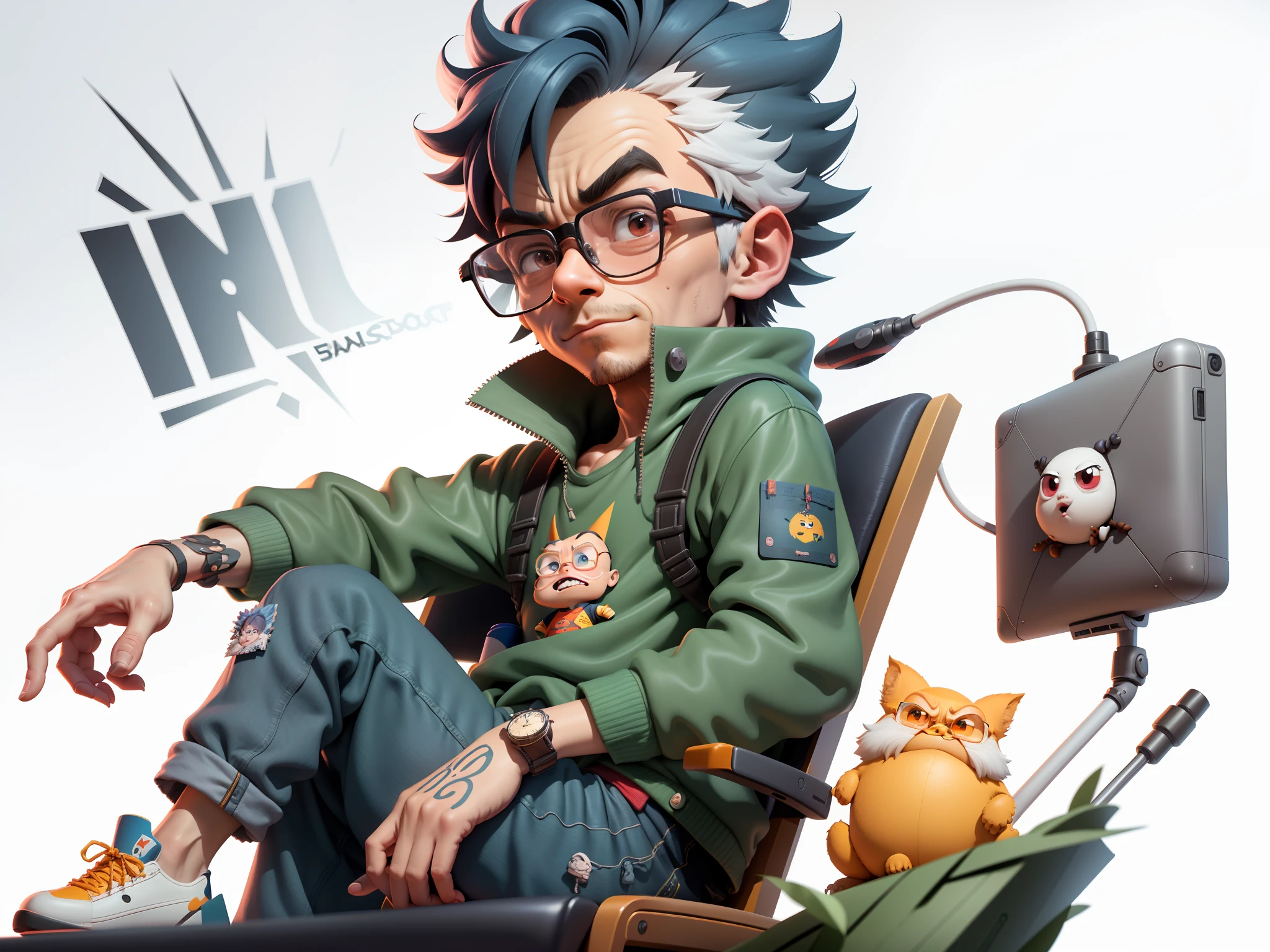 A young man with glasses sits at his desk,holding laptop,digitial painting,3D character design by Mark Clairen and Pixar and Hayao Miyazaki and Akira Toriyama,4K HD illustration,Very detailed facial features and cartoon-style visuals。