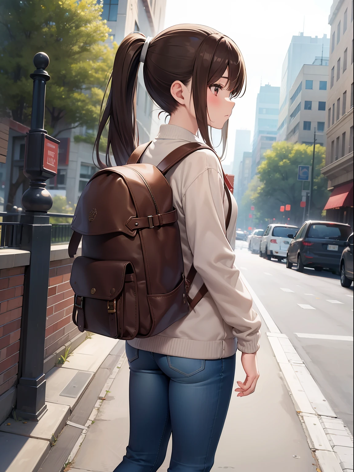 Masterpiece, realistic , hd, 1 girl, brown hair, ponytail, wear white shirt, wear brown cardigan, longsleeves, denim pants, wear backpack,(backpack:1.1) , wear sneakersfullbody, standing, day, outdoor