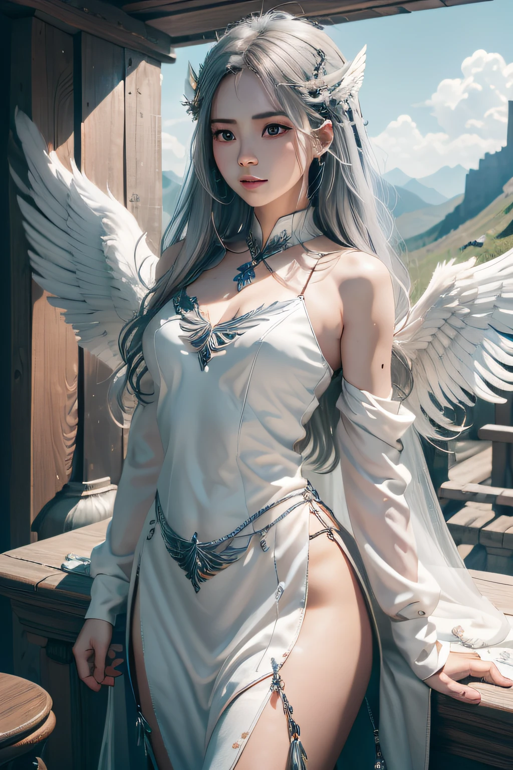 1girl in, 独奏, offcial art, unity 8k wall paper, ultra - detailed, prettify、Aesthetic, tmasterpiece, top-quality, Photorealsitic, A female angel、It has 6 large white wings on its back:2.0、Wings of a bird of prey、Blazing Angel、Silver armor:2.0、Silver gauntlet、Silver Solette、White fabric、Hair ornaments with small wings、Valkyrie、Very large wide sword、Glowing angel circle、angelic halo:2.0、Light magic、depth of fields, Fantastic atmosphere, calm color palette, Soft Shading、You can see the forest in the distance、See remote mountain castles、ellegance、Full body like、busty figure、Large full breasts、wide waist、Floating in the air:2.0、Flying in the sky:2.0、Fry high in the air、Sky on the steppe、You can see the castle on the hill in the distance