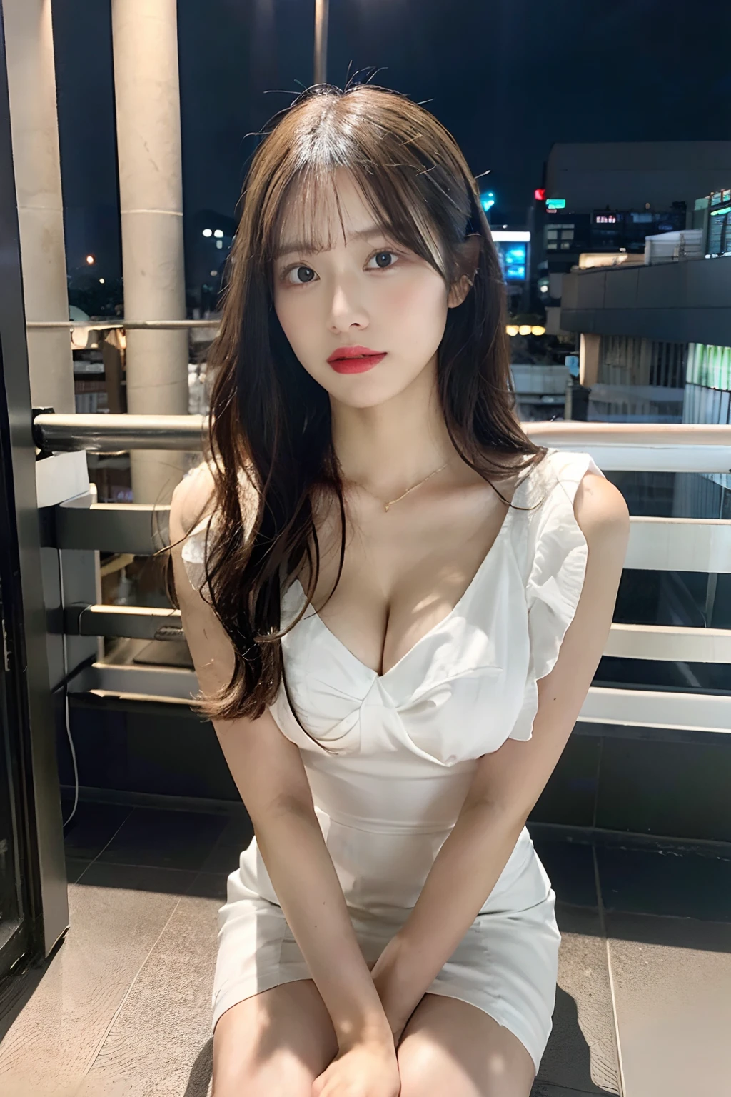 8k, RAW photo, best quality, beautiful detailed CG unity 8k wallpaper of incredibly pretty girl, white dress, very short skirt, a little bit of clothes, long hairstyle, perfect symmetrical face, glowing skin, exposed skin, cleavage breasts, spread legs, spread your hips, crab legs, standing, Ginza city, night, fashion model,