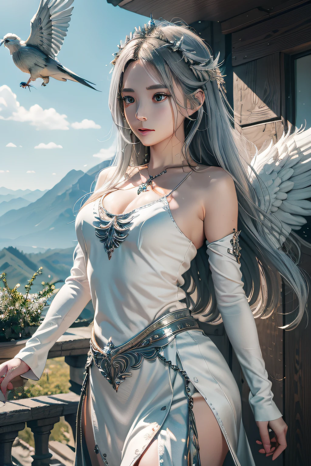 1girl in, 独奏, offcial art, unity 8k wall paper, ultra - detailed, prettify、Aesthetic, tmasterpiece, top-quality, Photorealsitic, A female angel、It has 6 large white wings on its back:2.0、Wings of a bird of prey、Blazing Angel、Silver armor:2.0、Silver gauntlet、Silver Solette、White fabric、Hair ornaments with small wings、Valkyrie、Very large wide sword、Glowing angel circle、angelic halo:2.0、Light magic、depth of fields, Fantastic atmosphere, calm color palette, Soft Shading、You can see the forest in the distance、See remote mountain castles、ellegance、Full body like、busty figure、Large full breasts、wide waist、Floating in the air:2.0、Flying in the sky:2.0、Fry high in the air、Sky on the steppe、You can see the castle on the hill in the distance