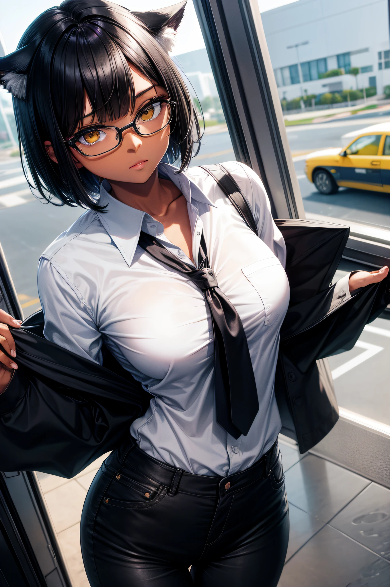 1girl, short black bob hair, yellow eyes, Round glasses, dark skin, petite body, wearing plain white formal work shirt, wearing long black pants, airplane,business tie, absurdres, high res, ultrasharp, 8k, masterpiece, looking at viewer, cat ears, airline pilot uniform, airline pilot hat, white background, short sleeve, airport, airplane,bangs