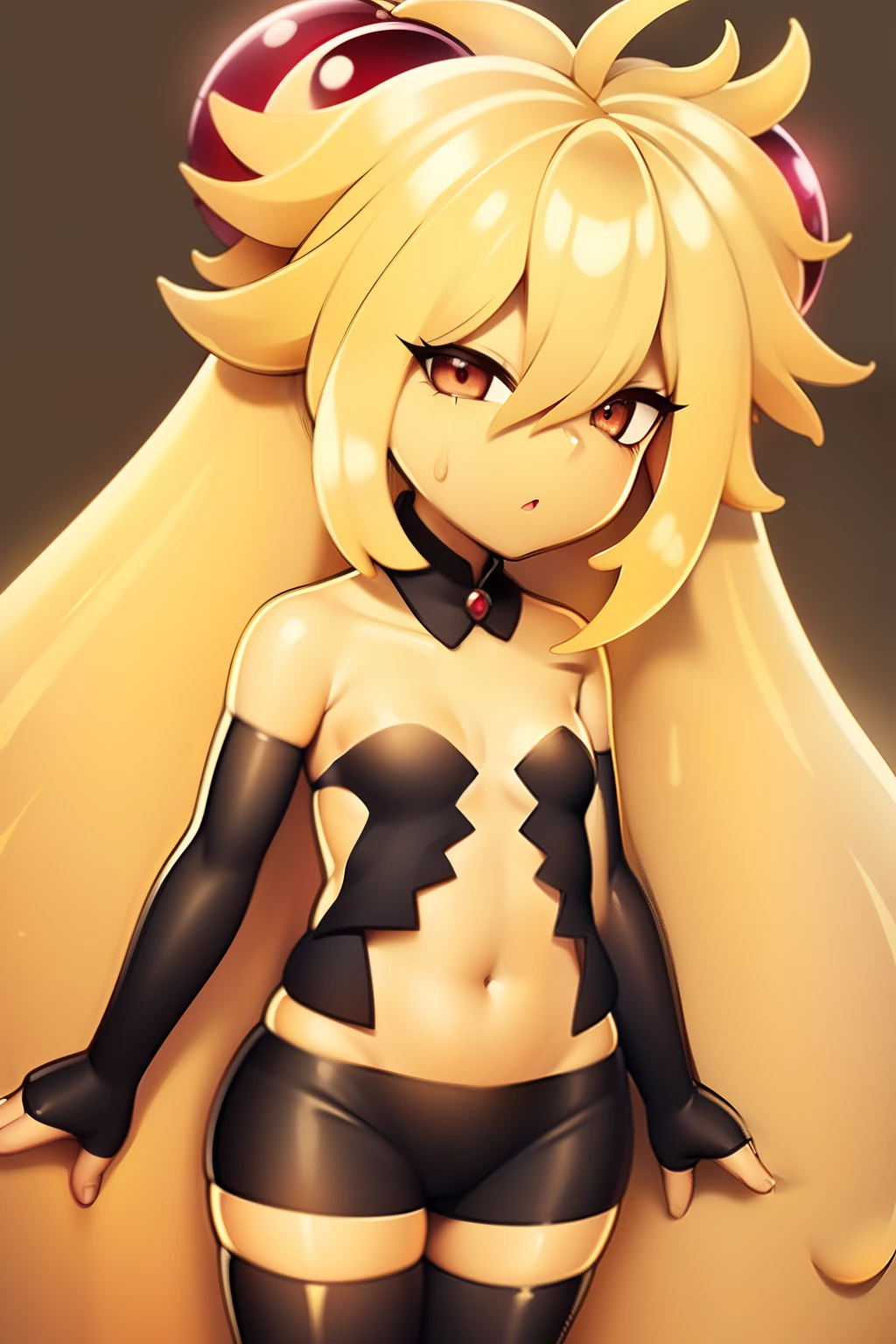 {{{yellow blond skin color}}}, black camisole, black spats, yellow blond hair, red eyes, two red hair ornaments, non-human girl, slender, girl, navel, {{{yellow skin color}}}