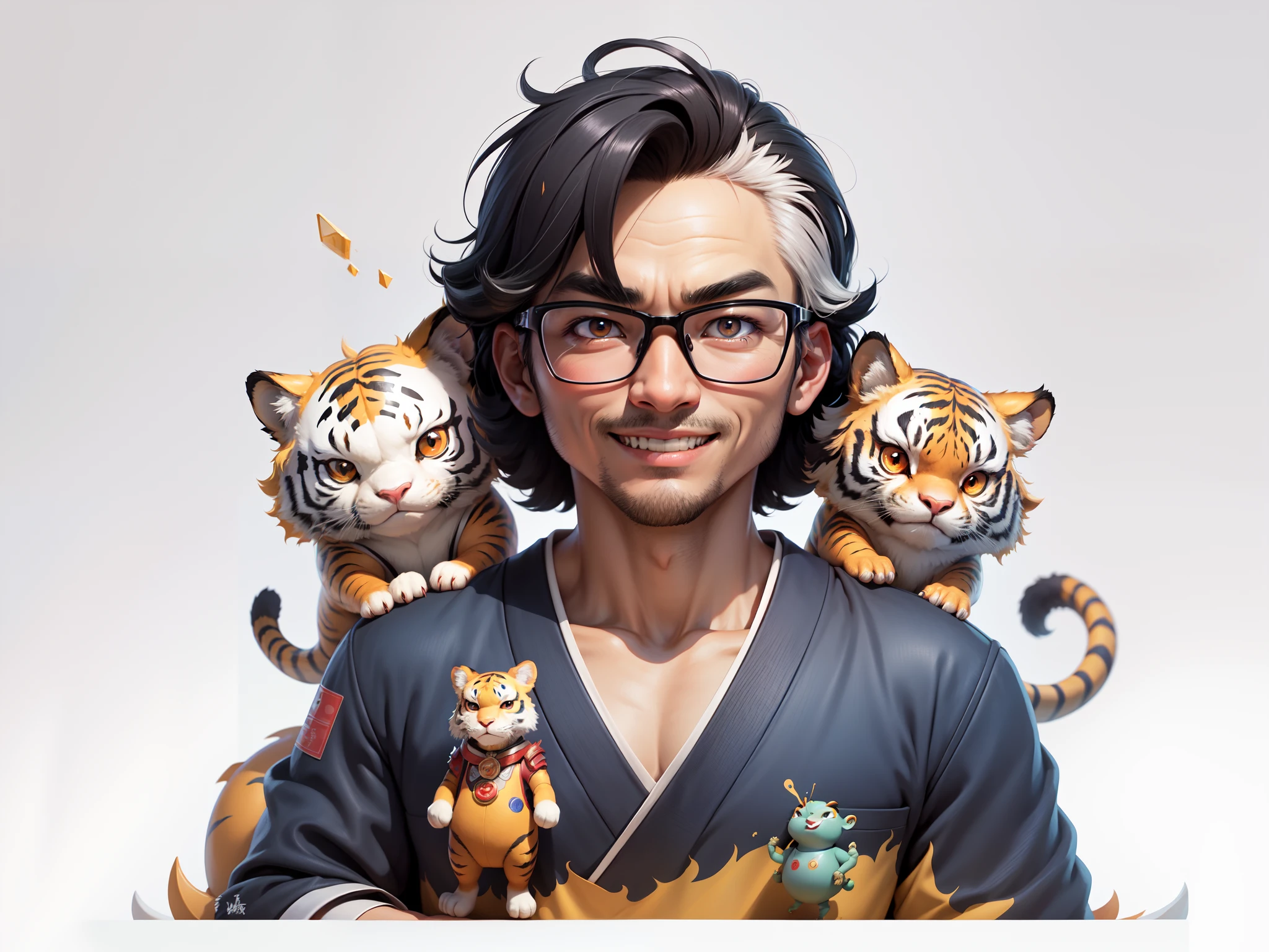(Masterpiece), (Excellent), (Super Meticulous), (Full Body: 1.2), Super Young Man with Japanese Female Geisha, Pretty, Beautiful, Chinese Dragon, Tiger, Wind God Thor, Sexy, Bursting, Oriental Face, TV Anchor, Bust Portrait Illustration, Black Suit, Blue Tie, Slightly Chubby Face, Silver Glasses, Very Clean Face, No Beard on Chin, Black Super Short Hair, Black Eyes, Confident Smile, 3c Computer Sub-Products, iPad, iPhone, Digital Painting, 3D character design by Mark Clairedon and Pixar and Hayao Miyazaki and Akira Toriyama, the illustrations are HD illustrations in 4K resolution with highly detailed facial features and cartoon-style visuals.