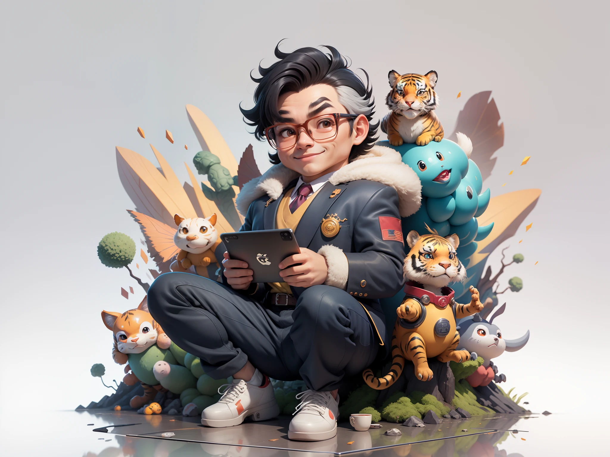 (Masterpiece), (Excellent), (Super Meticulous), (Full Body: 1.2), Super Young Man with Japanese Female Geisha, Pretty, Beautiful, Chinese Dragon, Tiger, Wind God Thor, Sexy, Bursting, Oriental Face, TV Anchor, Bust Portrait Illustration, Black Suit, Blue Tie, Slightly Chubby Face, Silver Glasses, Very Clean Face, No Beard on Chin, Black Super Short Hair, Black Eyes, Confident Smile, 3c Computer Sub-Products, iPad, iPhone, Digital Painting, 3D character design by Mark Clairedon and Pixar and Hayao Miyazaki and Akira Toriyama, the illustrations are HD illustrations in 4K resolution with highly detailed facial features and cartoon-style visuals.