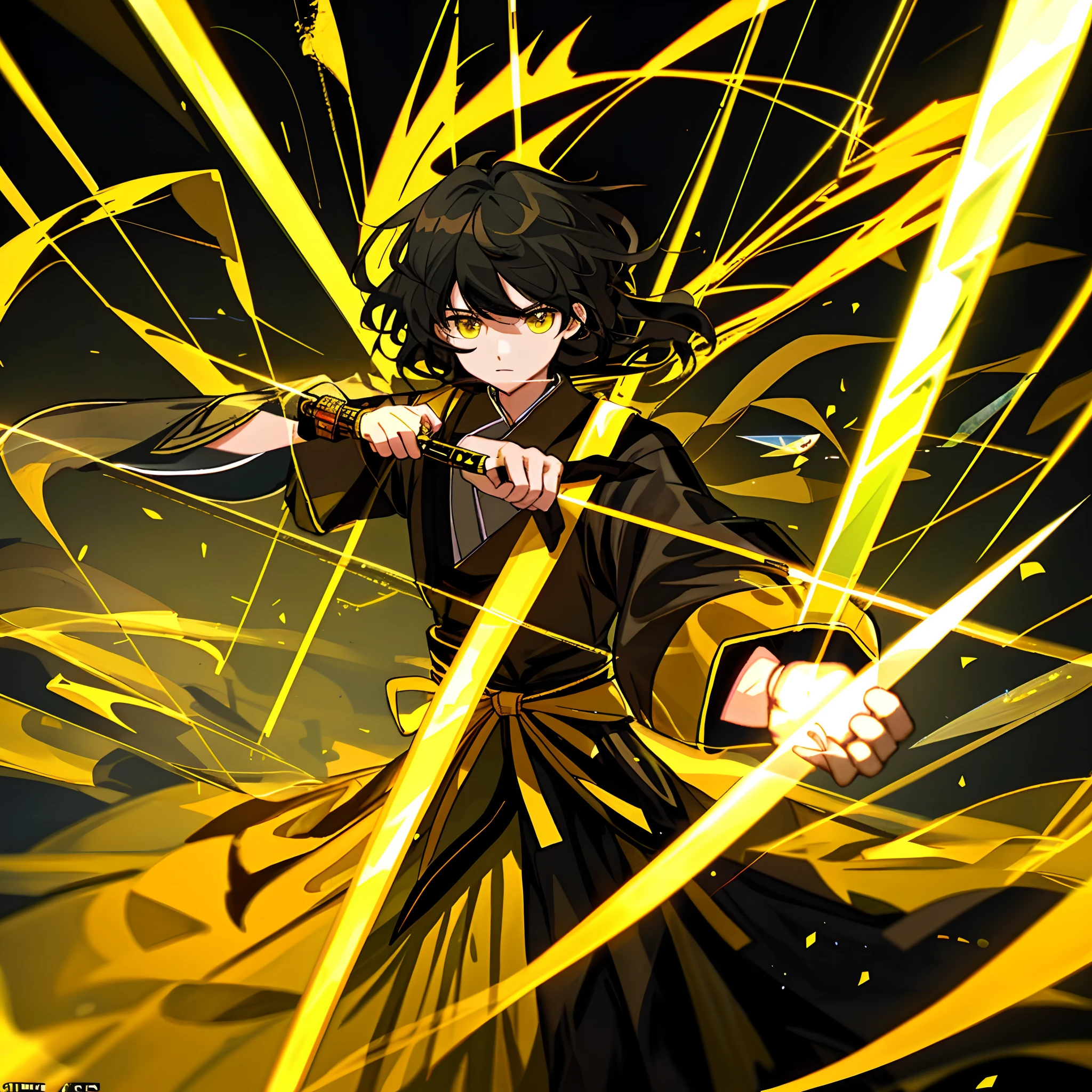 The eye of God floats in the center,The material is crystal clear,Zhongli wears a dress with a black background and yellow stripes,He holds a black spear with a yellow edged blade