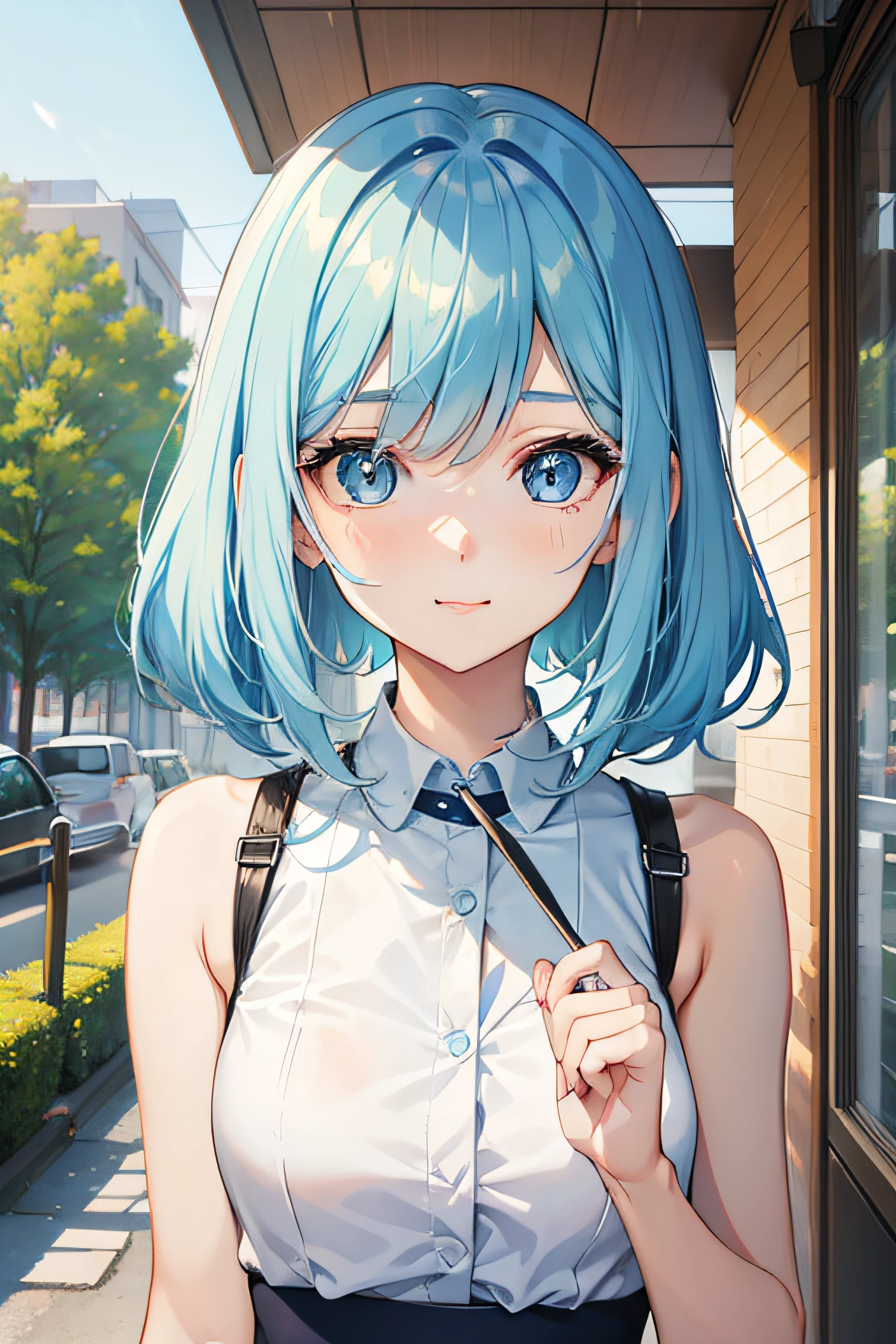 a beauty girl,lightblue hair,bobhair,Manga style,fulcolor,A slender,In face,hi-school girl,boyish,A slight smil