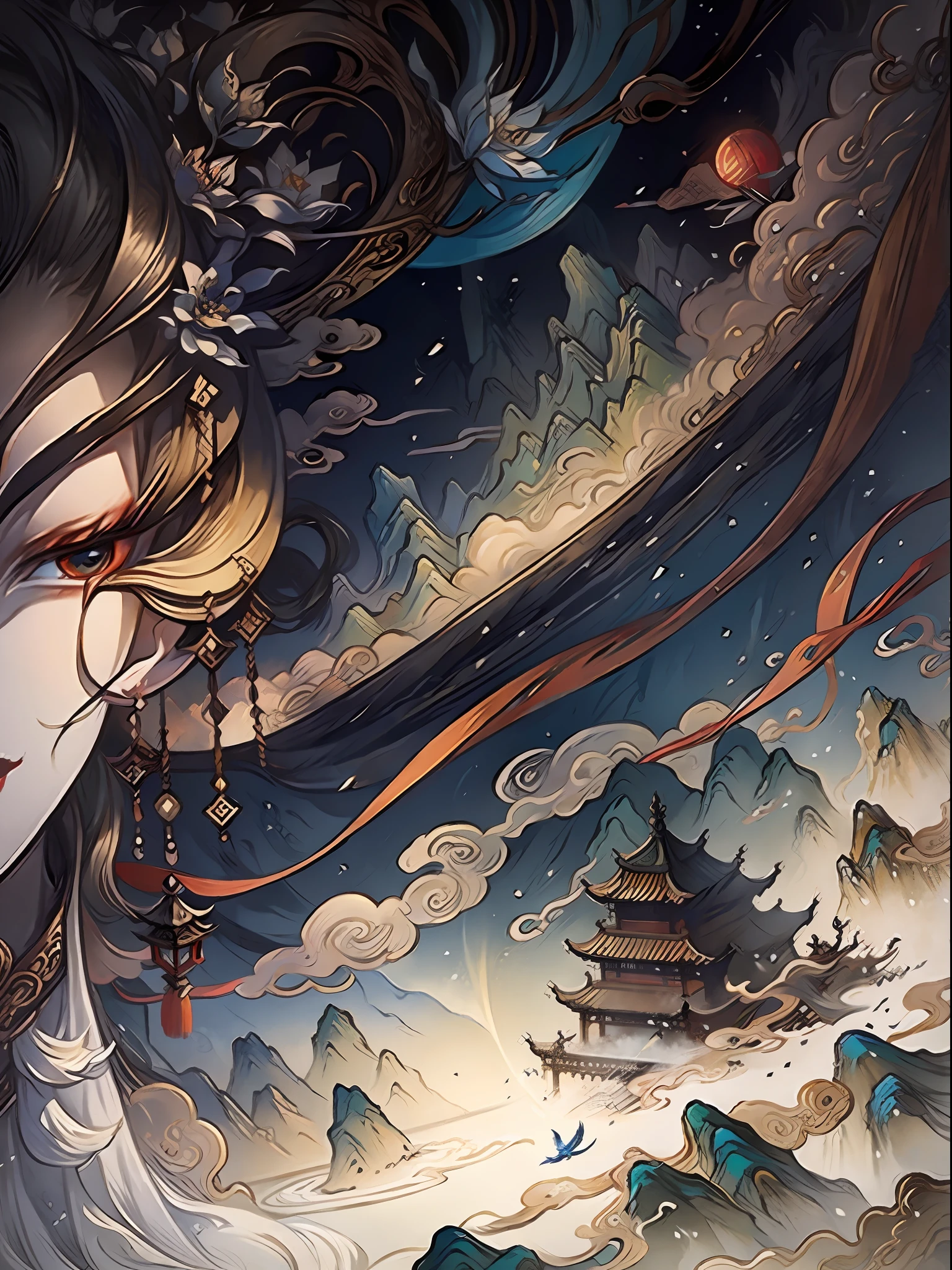 ancient chinese painting, ancient chinese background, mountains, river, auspicious clouds, pavilions, sunlight, masterpiece, super detail, epic composition, ultra hd, high quality, extremely detailed, official art, unified 8k wallpaper, super detail