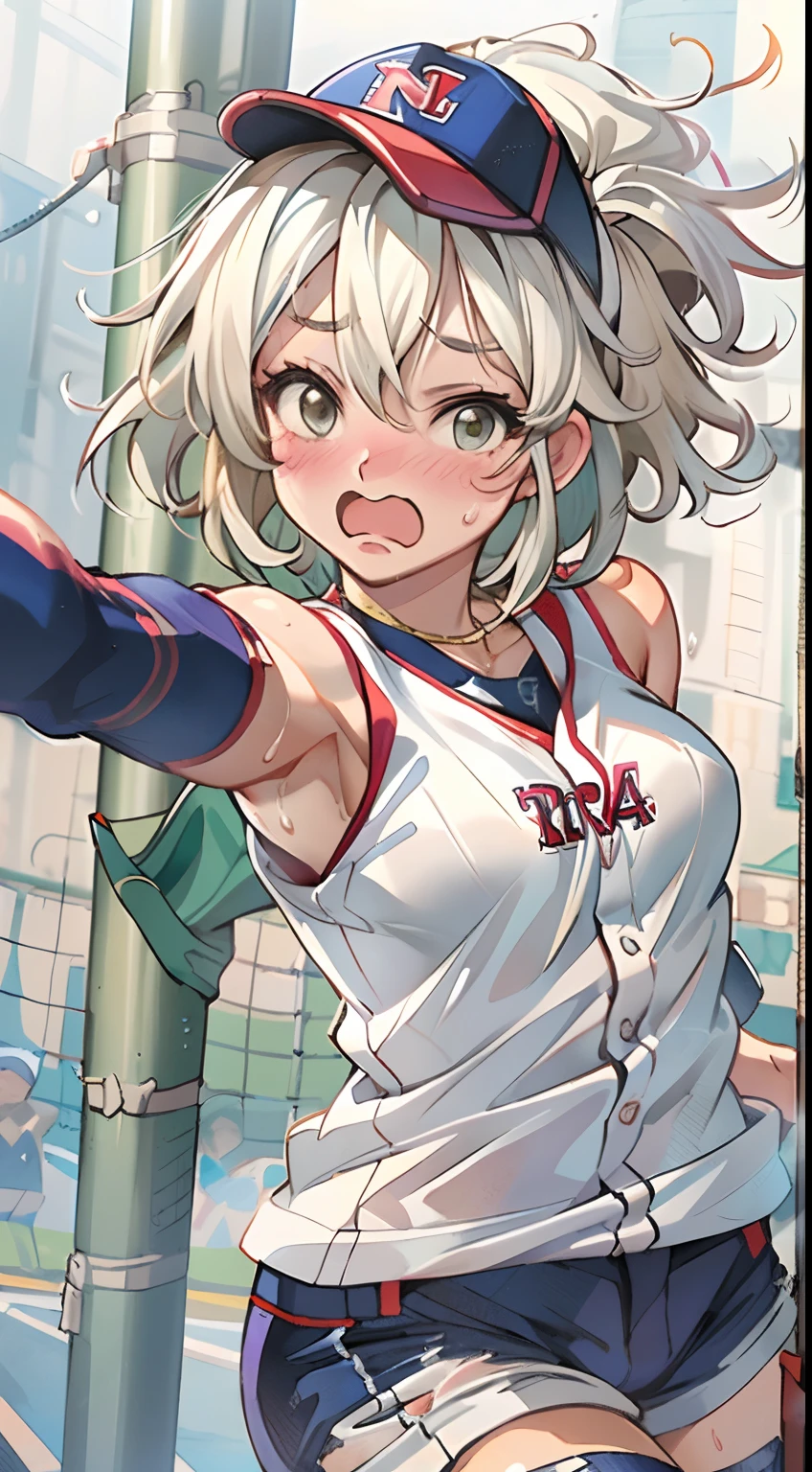 (((masterpiece))), (((best quality))), (((ultra detailed))), (((high-resolution))), ((super fine illustration)), ((Ultimate cutie)), detailed beautiful face,(white hair),(short hair),shiny hair, ((((gyaru)))), (medium breasts), (((solo))), (((embarrassed expression))), ((baseball player)),((dunk shot)), (((hand on the ball))), (sleeveless baseball Uniform), knee pad, elbow pad, ((sweat)), ((covered in sweat)), ((fog)), in baseball Court, lighting, ((from behind)),(((looking at viewer)))