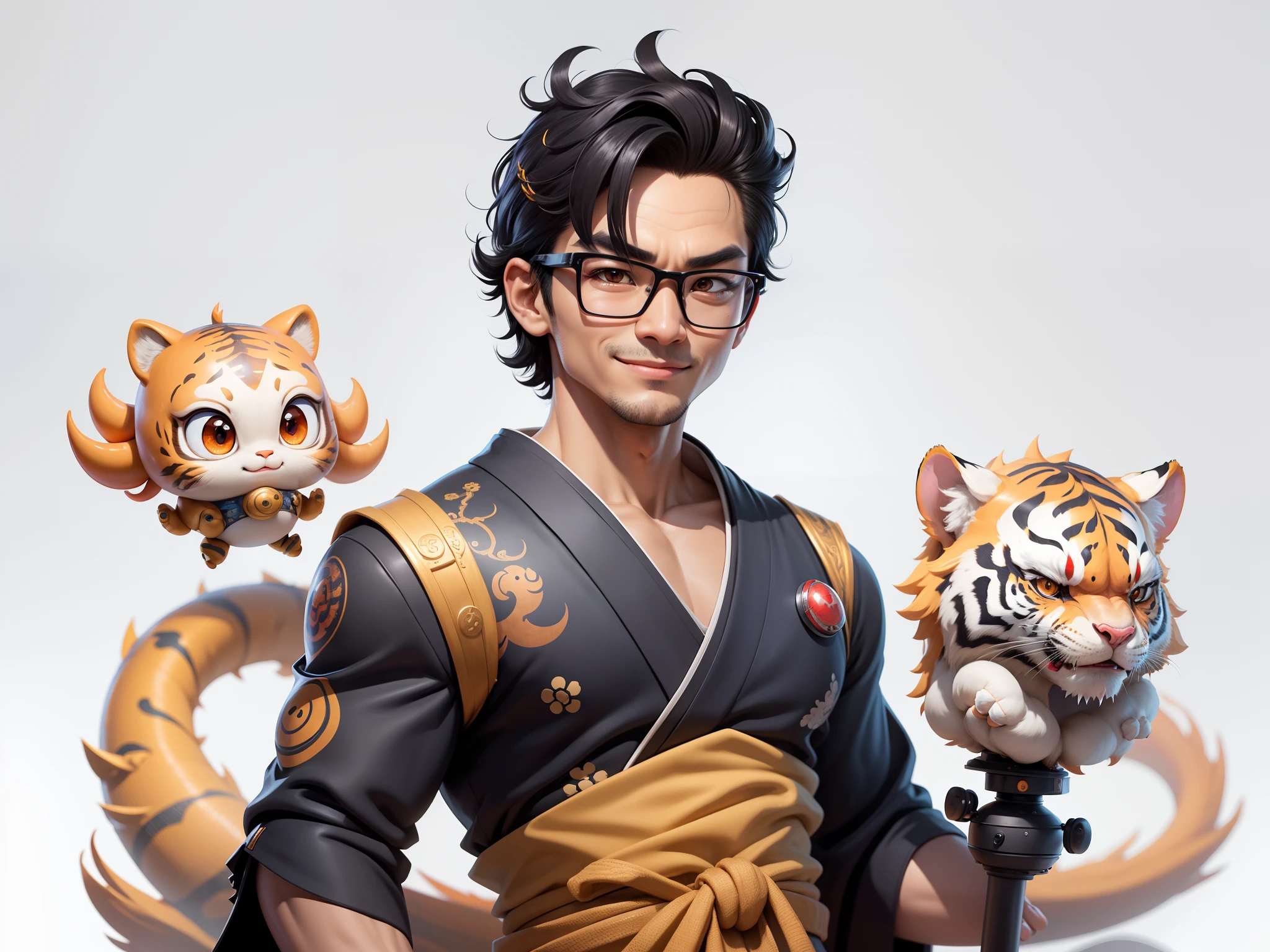 (Masterpiece), (Excellent), (Super Meticulous), (Full Body: 1.2), Super Young Man with Japanese Female Geisha, Pretty, Beautiful, Chinese Dragon, Tiger, Wind God Thor, Sexy, Bursting, Oriental Face, TV Anchor, Bust Portrait Illustration, Black Suit, Blue Tie, Slightly Chubby Face, Silver Glasses, Very Clean Face, No Beard on Chin, Black Super Short Hair, Black Eyes, Confident Smile, 3c Computer Sub-Products, iPad, iPhone, Digital Painting, 3D character design by Mark Clairedon and Pixar and Hayao Miyazaki and Akira Toriyama, the illustrations are HD illustrations in 4K resolution with highly detailed facial features and cartoon-style visuals.
