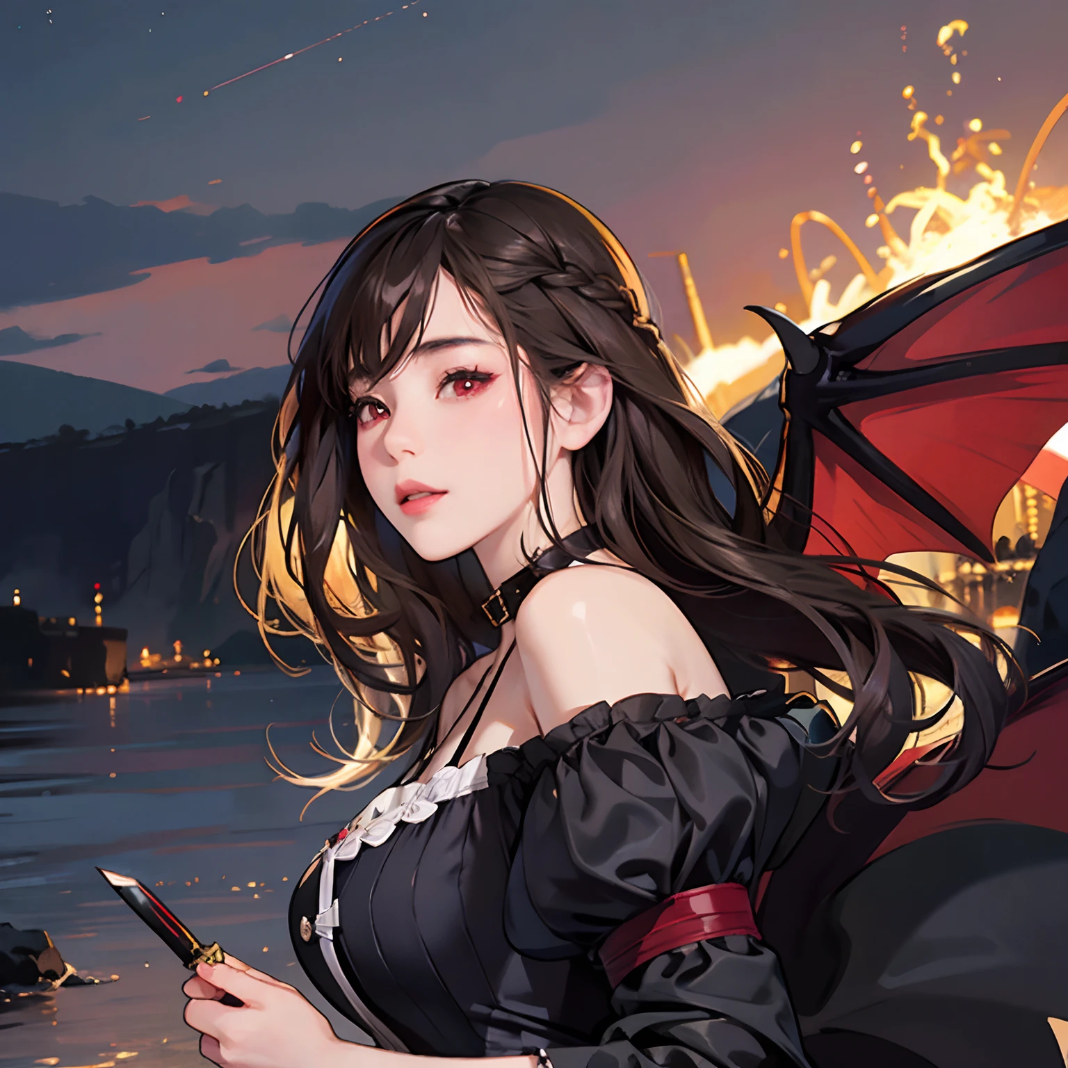 Women in Their 20s, 独奏, offcial art, unity 8k wall paper, ultra-detailliert, beautifly、Aesthetic, masterpiece, top-quality, Photorealsitic, a female demon、Succubus、Sheep horns on the head、Braids、Red ribbons、red eyes、Long vertical glow、very huge bat wings on the back:2.0、Black bat wings、Bondage costumes、Collar with a leash、holding a silver knife in his hand、depth of fields, Fantastic atmosphere, Calm palette, tranquil mood, Soft shading、Heavy dark clouds and lightning、Desolate landscape、Rock Mountain、Fortress on the cliff、Pillar of fire、Sparks fly、A flock of bats in the sky、bbw、very large breast、plump figure、dark themed、Flame Magic