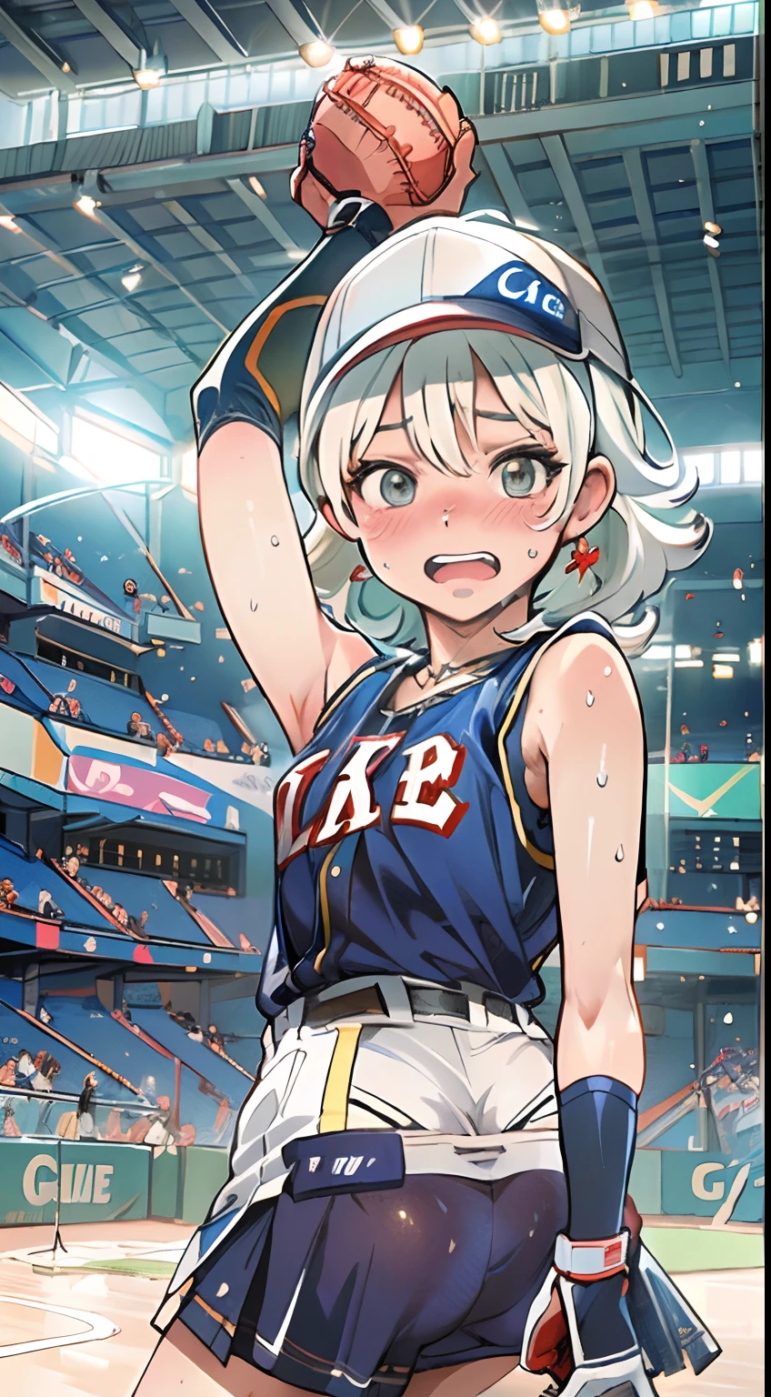 (((masterpiece))), (((best quality))), (((ultra detailed))), (((high-resolution))), ((super fine illustration)), ((Ultimate cutie)), detailed beautiful face,(white hair),(short hair),shiny hair, ((((gyaru)))), (medium breasts), (((solo))), (((embarrassed expression))), ((baseball player)),((dunk shot)), (((hand on the ball))), (sleeveless baseball Uniform), knee pad, elbow pad, ((sweat)), ((covered in sweat)), ((fog)), in baseball Court, lighting, ((from behind)),(((looking at viewer)))