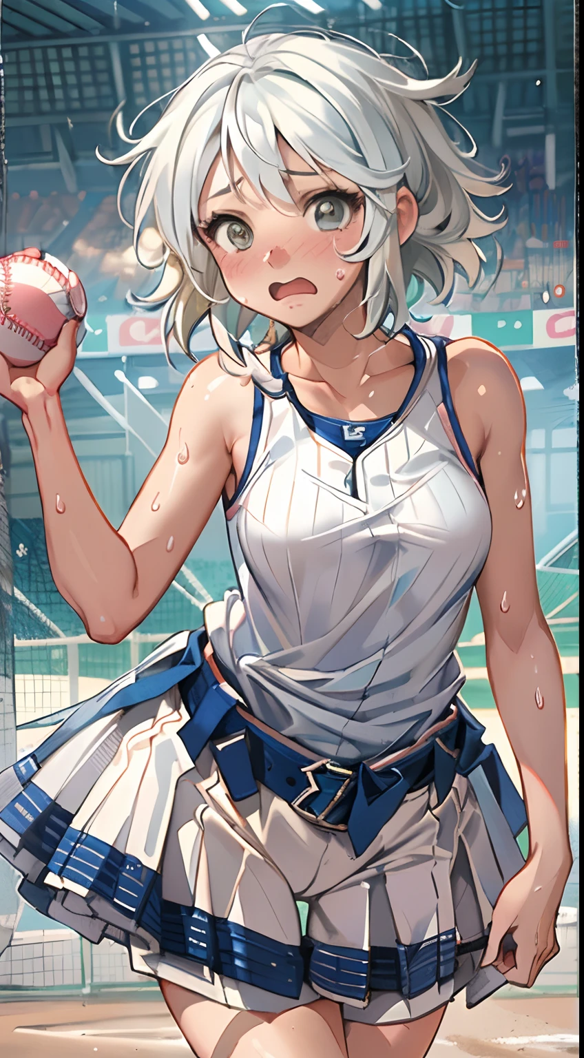 (((masterpiece))), (((best quality))), (((ultra detailed))), (((high-resolution))), ((super fine illustration)), ((Ultimate cutie)), detailed beautiful face,(white hair),(short hair),shiny hair, ((((gyaru)))), (medium breasts), (((solo))), (((embarrassed expression))), ((baseball player)),((dunk shot)), (((hand on the ball))), (sleeveless baseball Uniform), knee pad, elbow pad, ((sweat)), ((covered in sweat)), ((fog)), in baseball Court, lighting, ((from behind)),(((looking at viewer)))