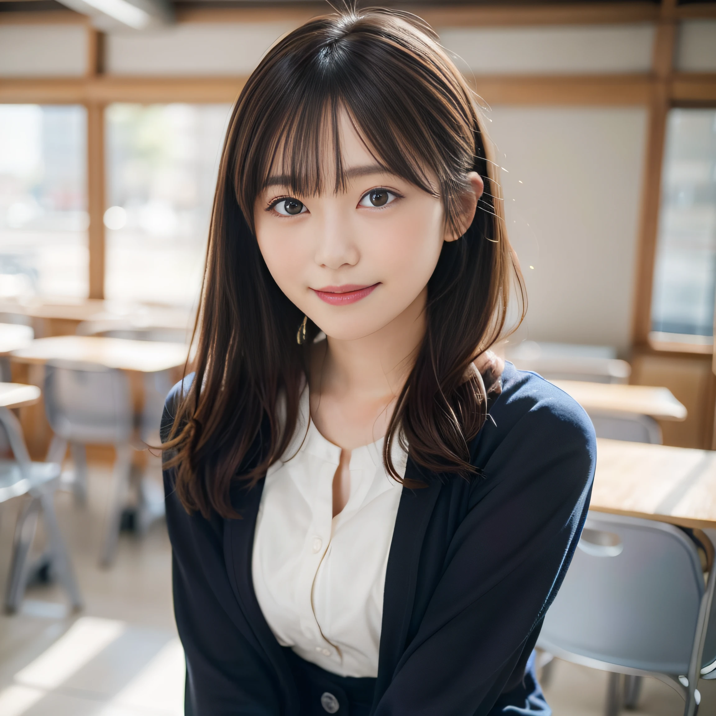 in 8K,Best Quality:1.4, 超A high resolution:1.5, (Photorealistic:1.4),​masterpiece:1.2,(top-quality:1.4)、 Raw photo、 (the background is blurred),  1日本人の女の子, Cute, (Solo:1.4), (Shy smile), Smooth skin、 (Brown medium hair,Bangs),nogizaka,Supple fingertips,Beautiful black eyes、dual、natural skin textures:1.3, realistic eyes and face details:1.7、middlebreasts、during daytime、Toned buttocks:1.5、gazing at viewer,The photographer is３ｍMove back, School uniform,Black shoes, Upper body:1.8,(detailed hairs:1.1), (Detailed eyes:1.1)、in a school