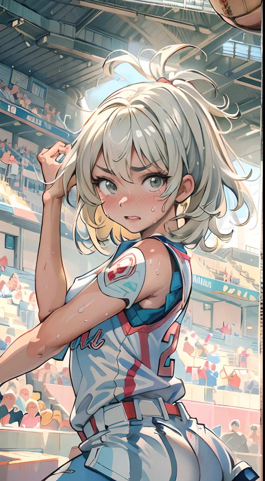 (((masterpiece))), (((best quality))), (((ultra detailed))), (((high-resolution))), ((super fine illustration)), ((Ultimate cutie)), detailed beautiful face,(white hair),(short hair),shiny hair, ((((gyaru)))), (medium breasts), (((solo))), (((embarrassed expression))), ((baseball player)),((dunk shot)), (((hand on the ball))), (sleeveless baseball Uniform), knee pad, elbow pad, ((sweat)), ((covered in sweat)), ((fog)), in baseball Court, lighting, ((from behind)),(((looking at viewer)))