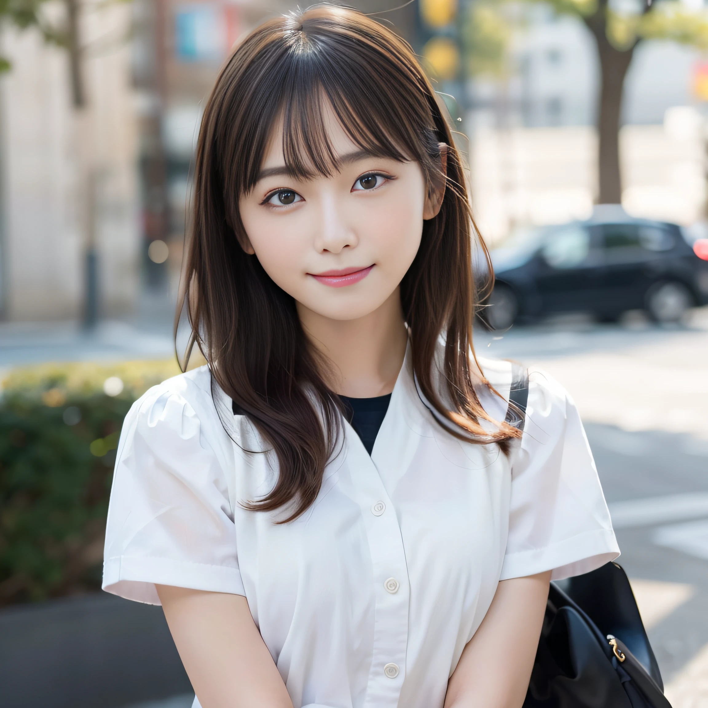 in 8K,Best Quality:1.4, 超A high resolution:1.5, (Photorealistic:1.4),masterpiece:1.2,(top-quality:1.4)、 Raw photo、 (the background is blurred), 1日本人の女の子, Cute, (Solo:1.4), (Shy smile), Smooth skin、 (Brown medium hair,Bangs),nogizaka,Supple fingertips,Beautiful black eyes、dual、natural skin textures:1.3, realistic eyes and face details:1.7、middlebreasts、during daytime、Toned buttocks:1.5、gazing at viewer,The photographer is3mMove back, School uniform,Black shoes, Upper body:1.8,(detailed hairs:1.1), (Detailed eyes:1.1)、in a school