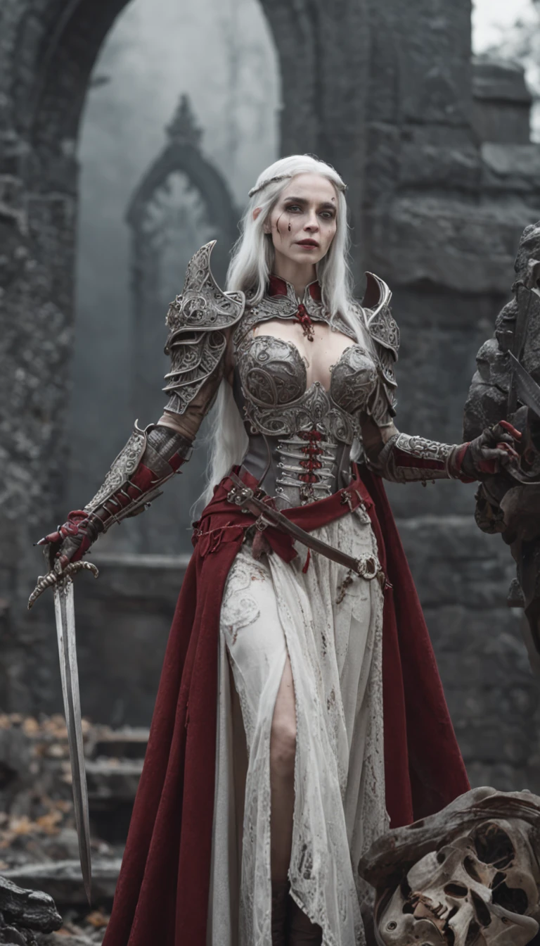 (tmasterpiece, high high quality, absurderes), full body female, (Reine des morts:1.1), pale-skinned, spears, (Blood on weapons:1.2), (Intricate skeleton armor in crimson and gray:1.3), Exposed ribs , long  white hair, (Fantasy Background:1.3), Epic atmosphere, astonishing detail, fanciful, 8K, graveyard background, onimous, O spirit