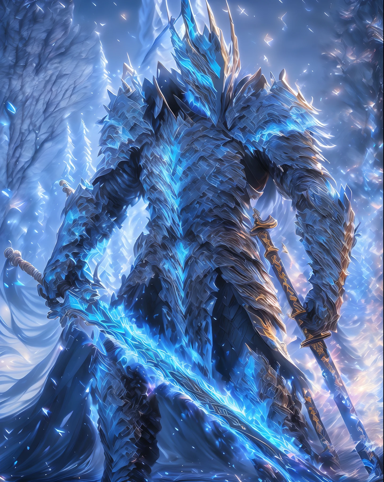 arafed image of a man with a sword and a sword, epic fantasy digital art style, epic fantasy art style hd, ice crystal armor, ice lord, sliver ice color reflected armor, dragon knight, grimdark paladin, epic fantasy weapon art, deathknight, blue and ice silver color armor, armor made of ice, epic fantasy art style