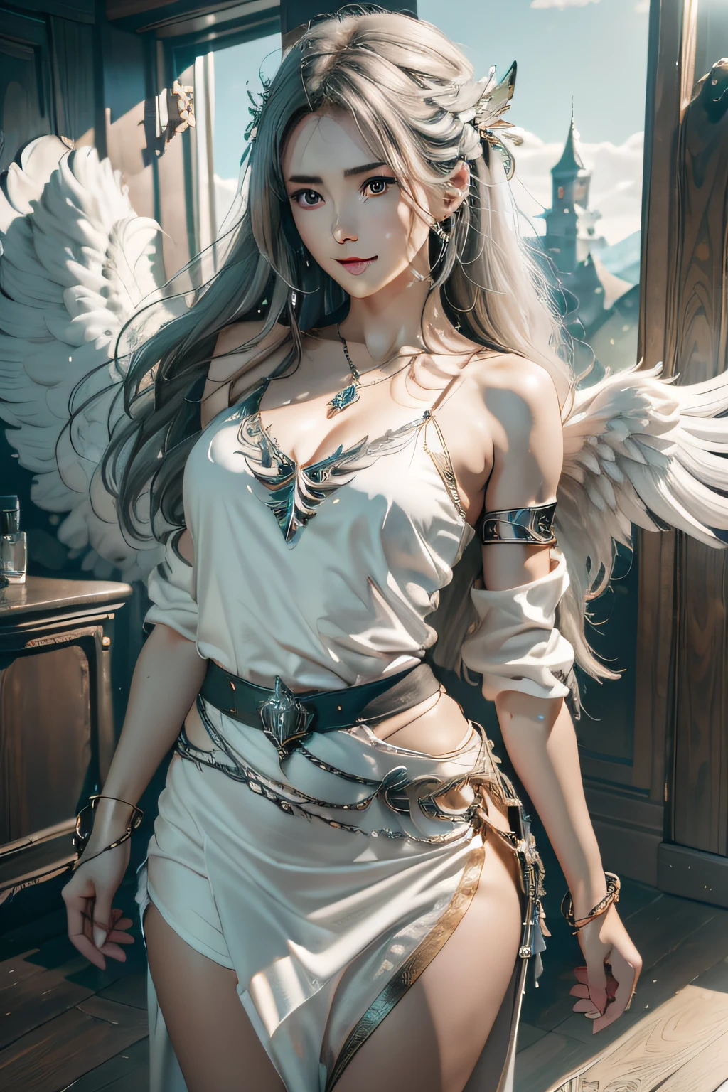 1girl in, 独奏, offcial art, unity 8k wall paper, ultra - detailed, prettify、Aesthetic, tmasterpiece, top-quality, Photorealsitic, A female angel、It has 6 large white wings on its back:2.0、Wings of a bird of prey、Blazing Angel、Silver armor:2.0、Silver gauntlet、Silver Solette、White fabric、Hair ornaments with small wings、Valkyrie、Very large wide sword、Glowing angel circle、angelic halo:2.0、Light magic、depth of fields, Fantastic atmosphere, calm color palette, Soft Shading、You can see the forest in the distance、See remote mountain castles、ellegance、Full body like、busty figure、Large full breasts、wide waist、Floating in the air:2.0、Flying in the sky:2.0、Fry high in the air、Sky on the steppe、You can see the castle on the hill in the distance