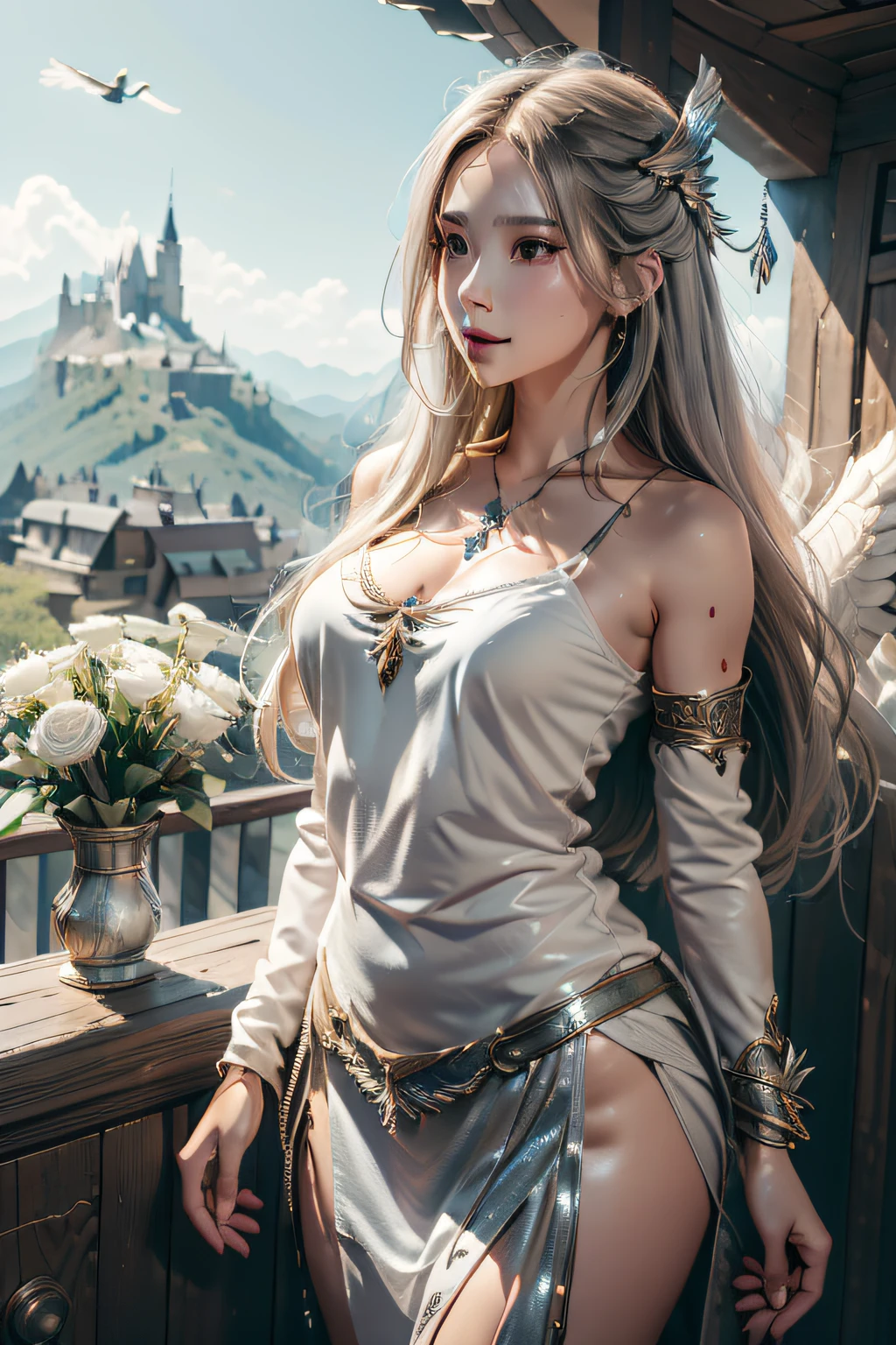 1girl in, 独奏, offcial art, unity 8k wall paper, ultra - detailed, prettify、Aesthetic, tmasterpiece, top-quality, Photorealsitic, A female angel、It has 6 large white wings on its back:2.0、Wings of a bird of prey、Blazing Angel、Silver armor:2.0、Silver gauntlet、Silver Solette、White fabric、Hair ornaments with small wings、Valkyrie、Very large wide sword、Glowing angel circle、angelic halo:2.0、Light magic、depth of fields, Fantastic atmosphere, calm color palette, Soft Shading、You can see the forest in the distance、See remote mountain castles、ellegance、Full body like、busty figure、Large full breasts、wide waist、Floating in the air:2.0、Flying in the sky:2.0、Fry high in the air、Sky on the steppe、You can see the castle on the hill in the distance