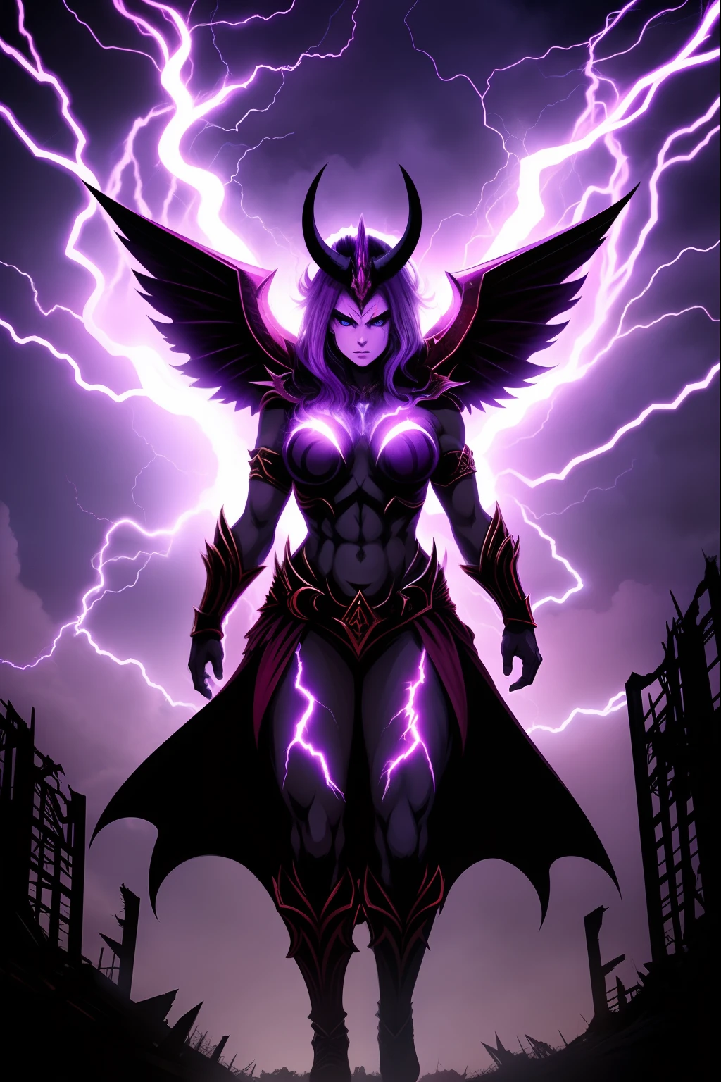 Lisa Ann as a hyper-giant, Hyper-powerful demon with a demon horn on its head and demon wings, and throws purple lightning bolts at a building, ville en ruine post apocalyptique,