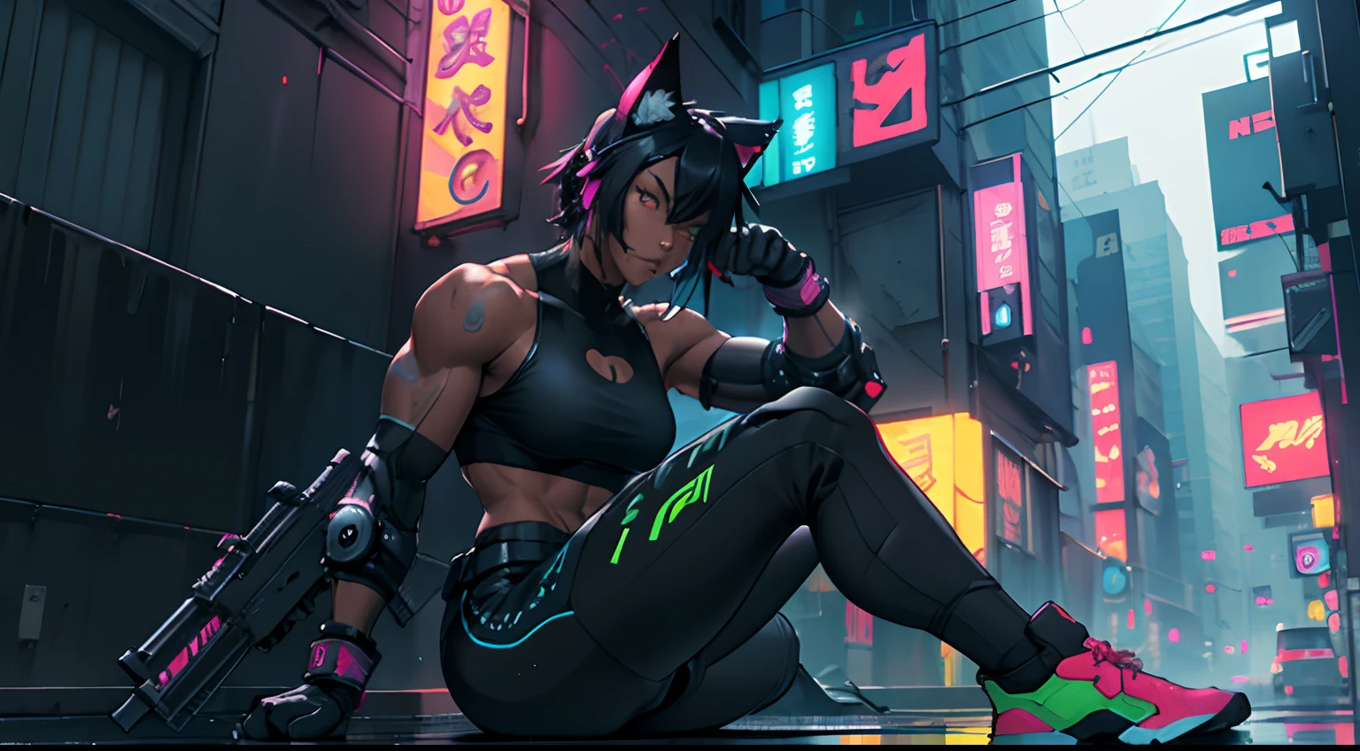 1girl, black hair, gym, athletic, robot, animal ears, large assault rifle, neon colors, colorful, kitana, noir, mystery, thick waist medium breast, muscular, tomboy, cyberpunk, nekomata, warrior, sexy outfit, looking at viewer, anime, realistic, rainy night city, dark skin, sitting on building roof, black, blue
