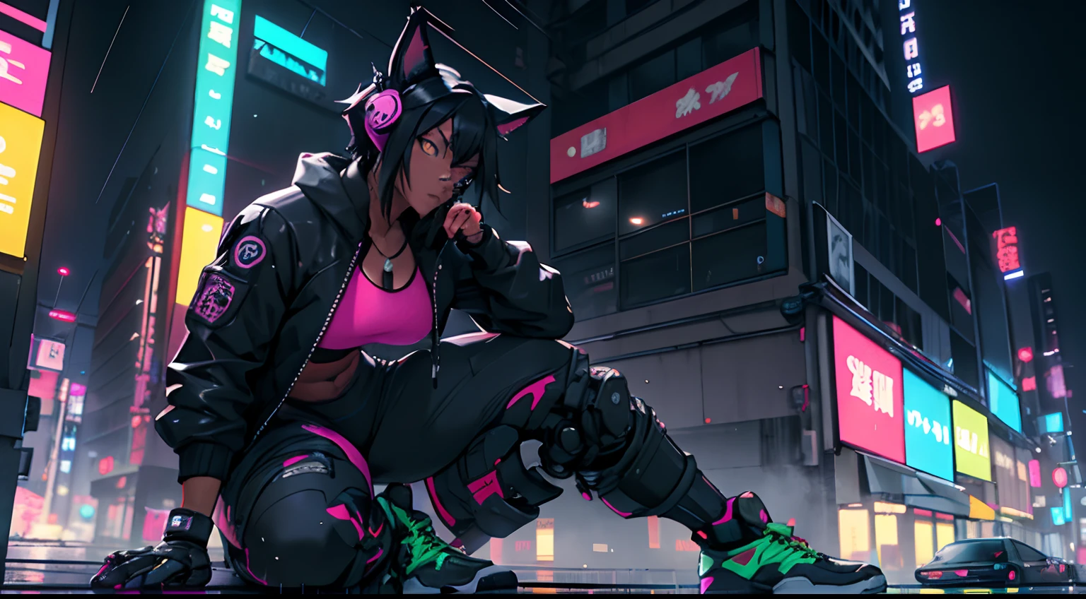 1girl, black hair, gym, athletic, robot, animal ears, large assault rifle, neon colors, colorful, kitana, noir, mystery, thick waist medium breast, muscular, tomboy, cyberpunk, nekomata, warrior, sexy outfit, looking at viewer, anime, realistic, rainy night city, dark skin, sitting on building roof, black, blue